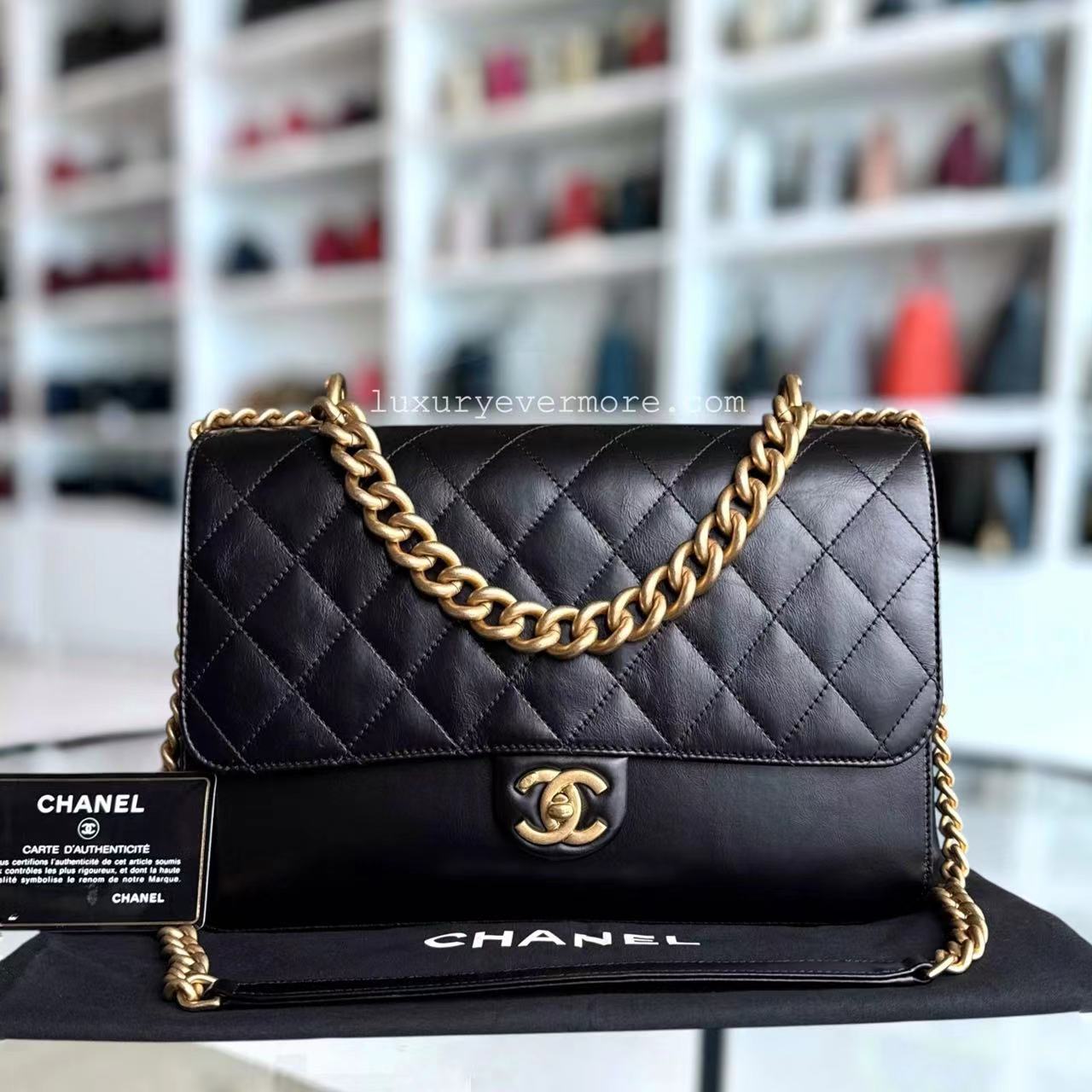 Chanel Seasonal Flap Jumbo - 30CM Glazed Calfskin Quilted Straight Line Black Gold Hardware Series