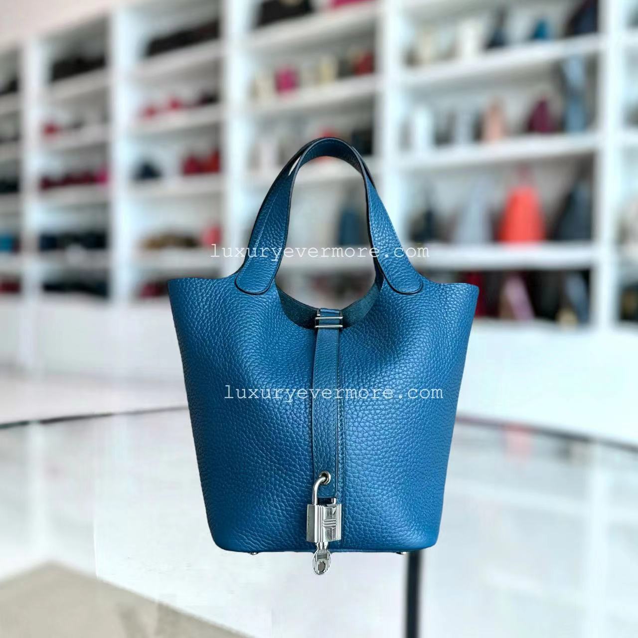 Hermes Picotin 18 Square O Stamp Blue Silver Hardware