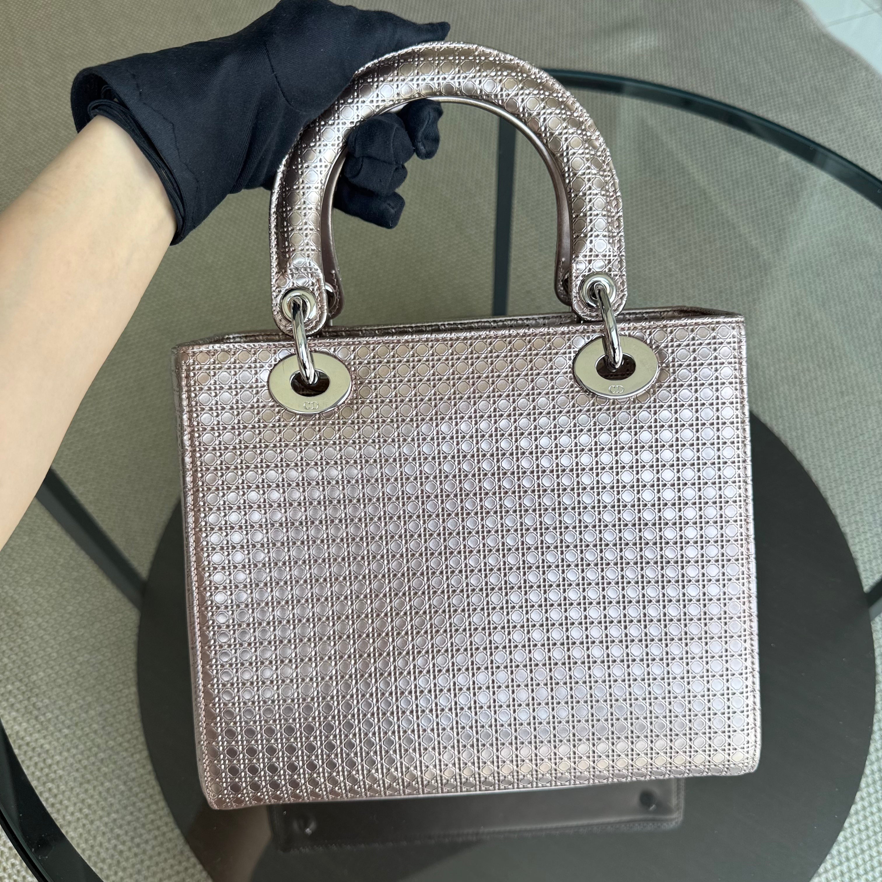 Dior Lady Medium - Cannage Calfskin Metallic Rose Gold Gold Hardware