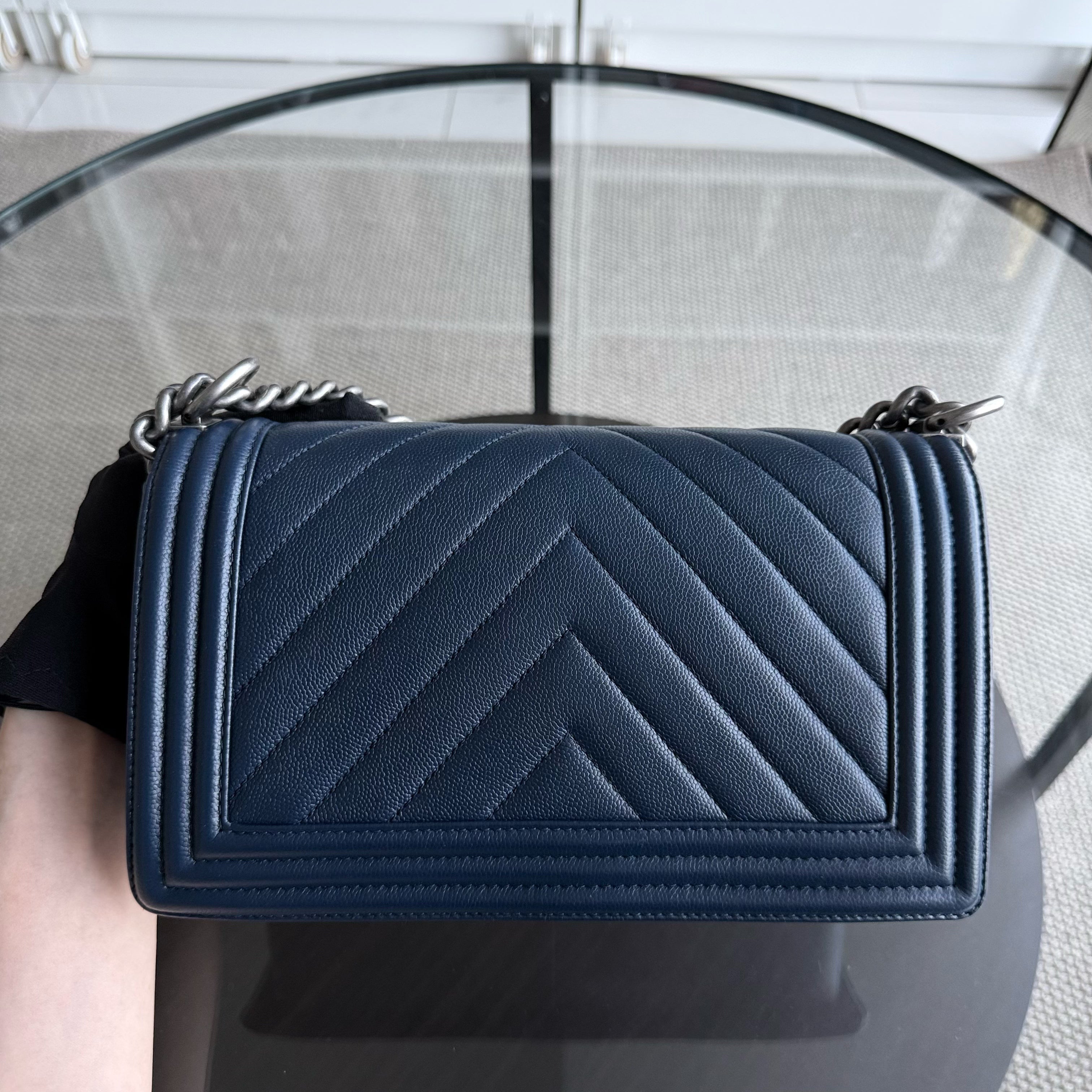 Chanel Boy Medium - Caviar Chevron Dark Blue Ruthenium Silver Hardware Series 24