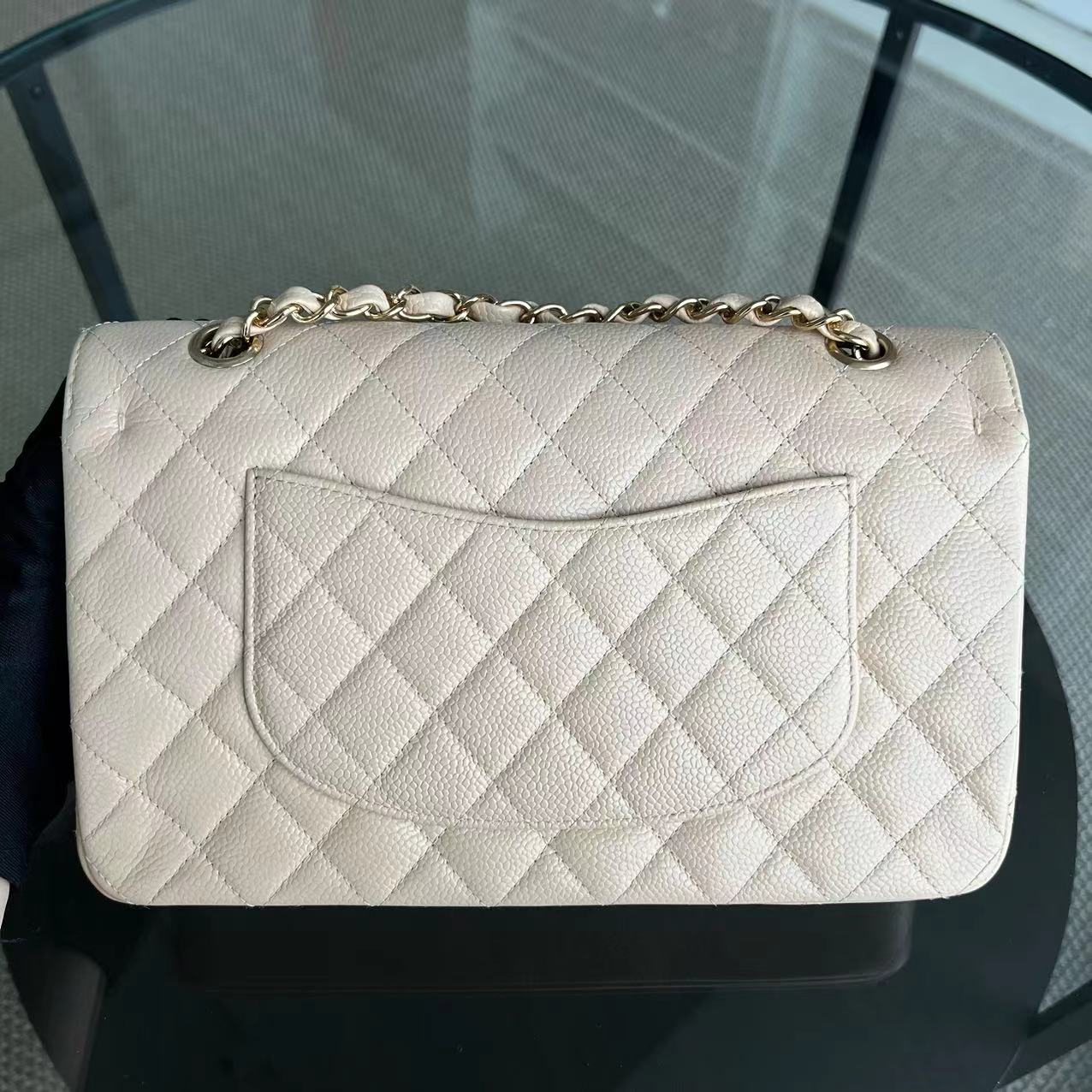 Chanel Caviar Medium Classic Flap Double Flap Quilted Grained Calfskin Beige Golden Hardware Series 15