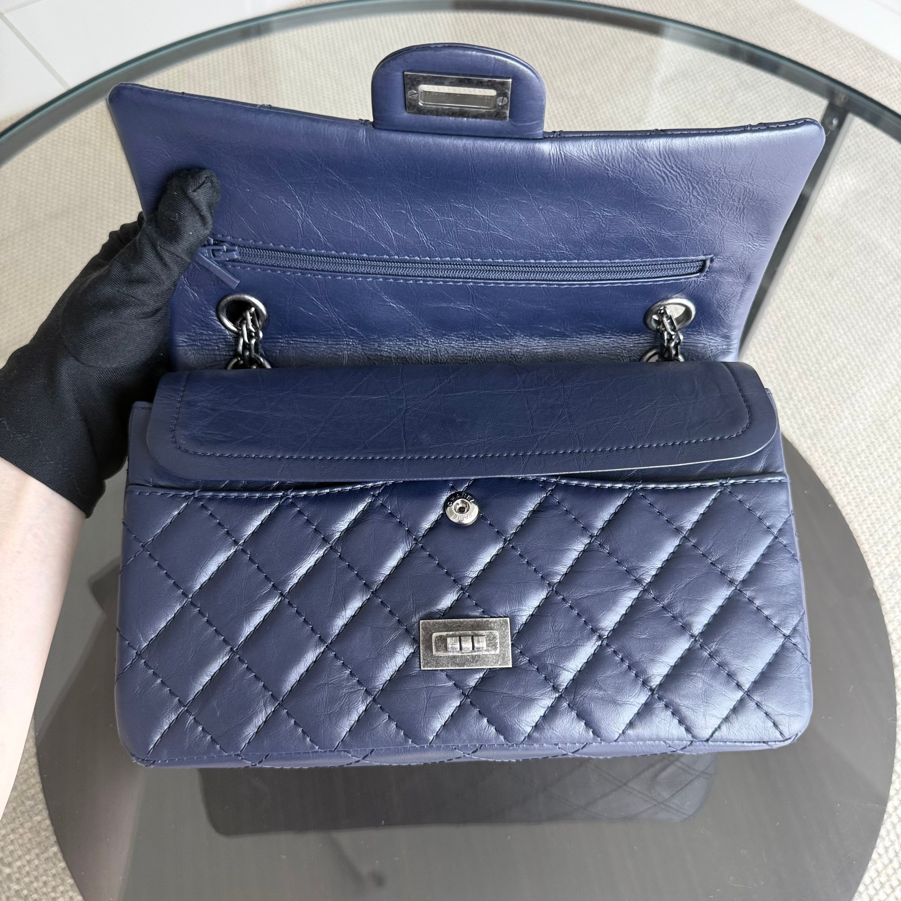 Chanel 2.55 Reissue 225 Small - 24CM Quilted Aged Calfskin Dark Blue Ruthenium Silver Hardware Series 21