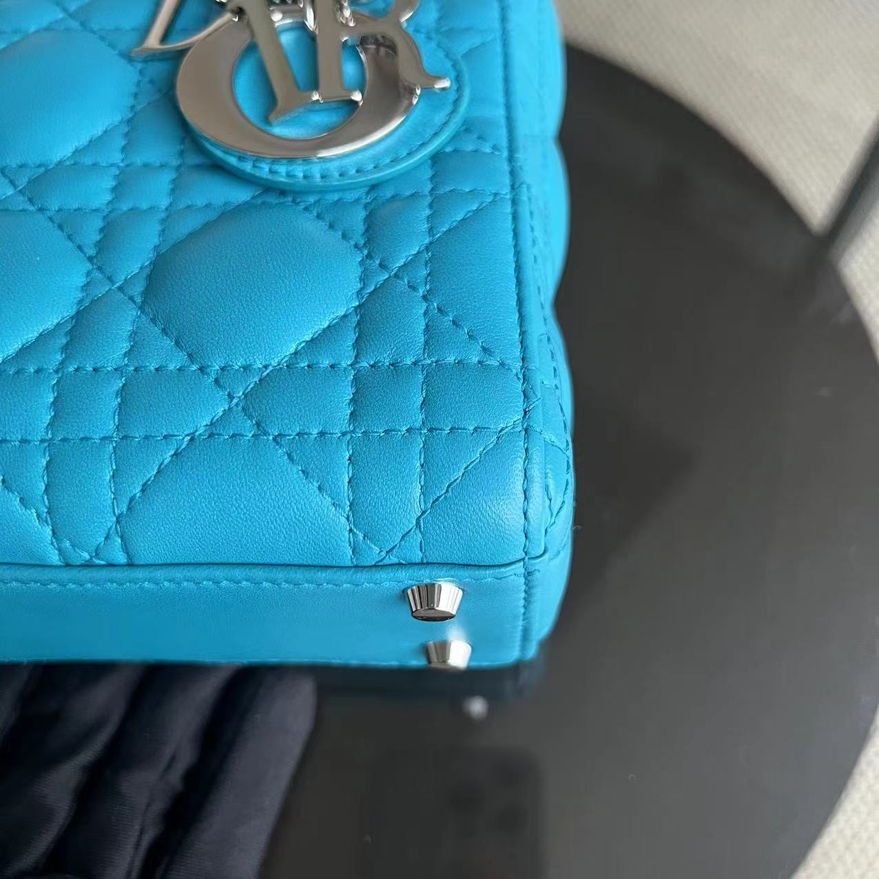 Dior Lady Mini Cannage Lambskin Cyan Blue Silver Hardware