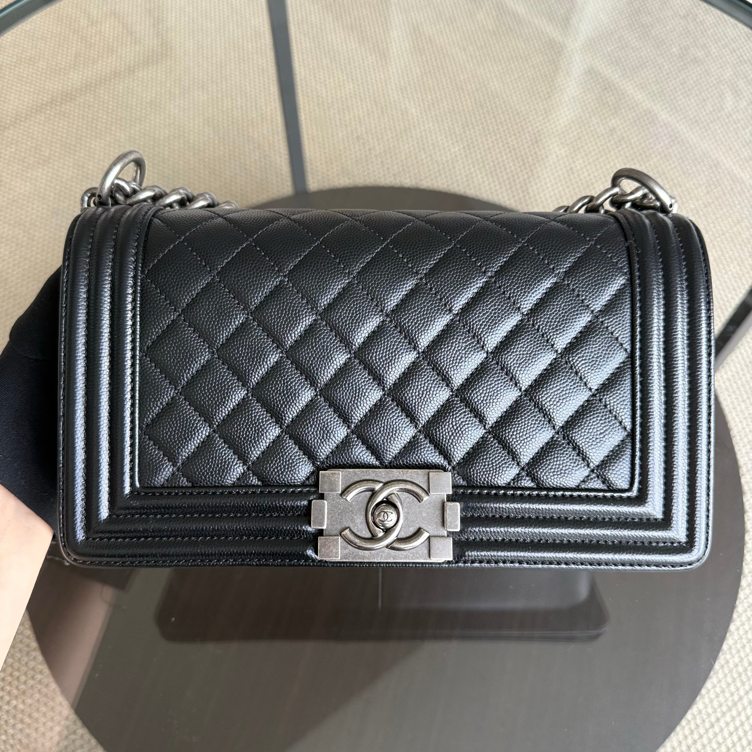 Chanel Boy Medium - Caviar 25CM Quilted Black Ruthenium Silver Hardware Series 25