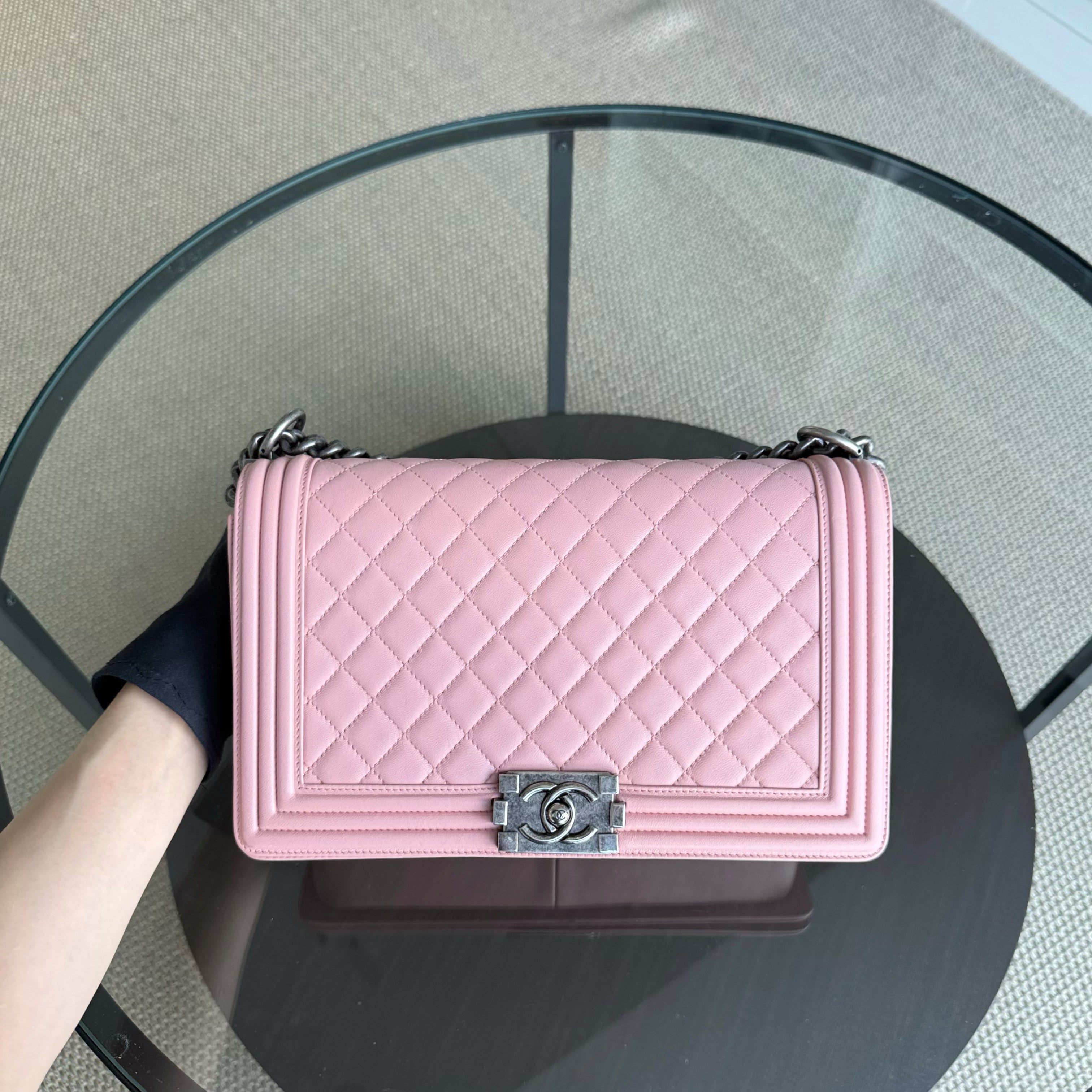Chanel Boy Medium - 28CM Quilted Lambskin Pink Ruthenium Silver Hardware Series 20