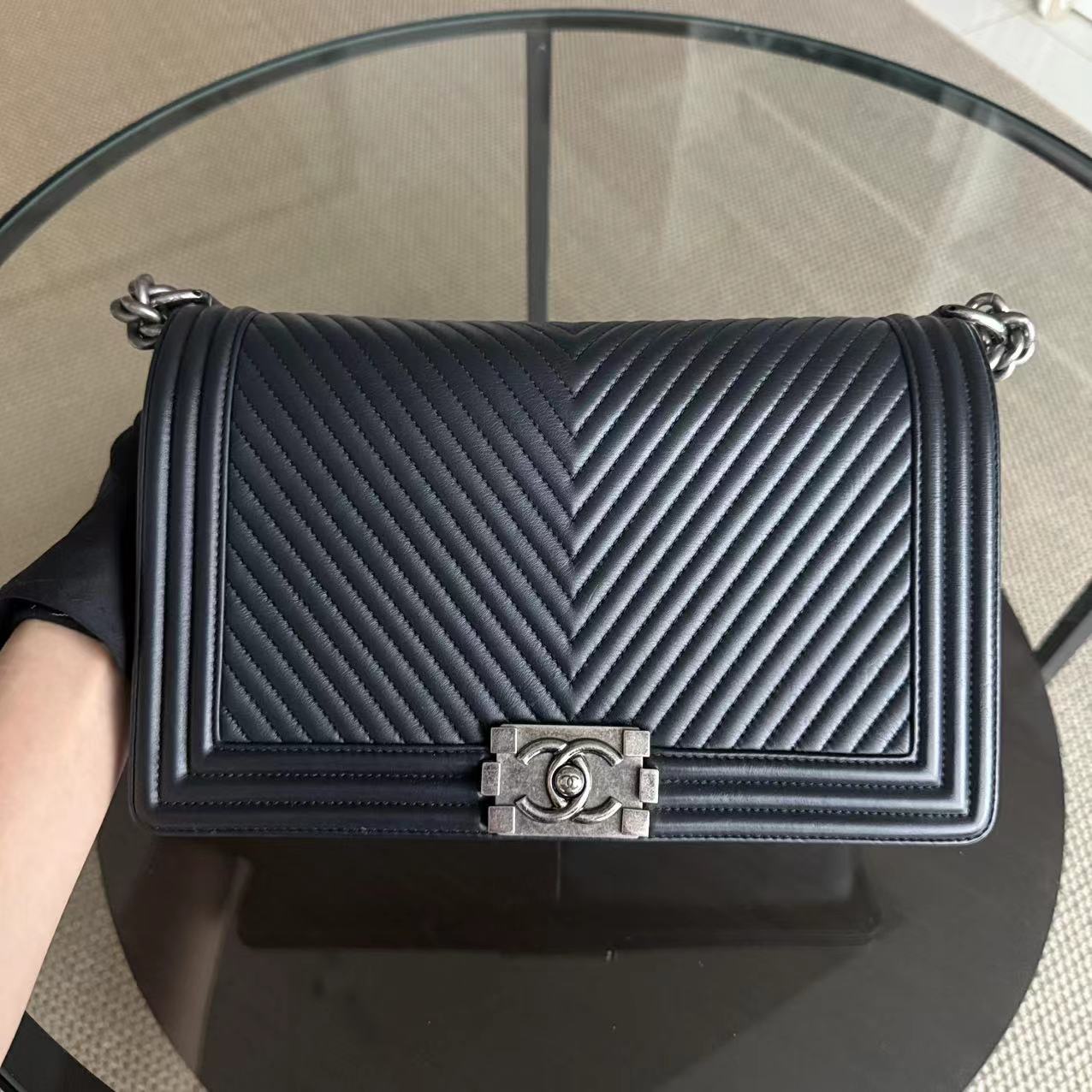 Chanel Boy Medium - 28CM Chevron Calfskin Black Ruthenium Palladium Silver Hardware Series 20