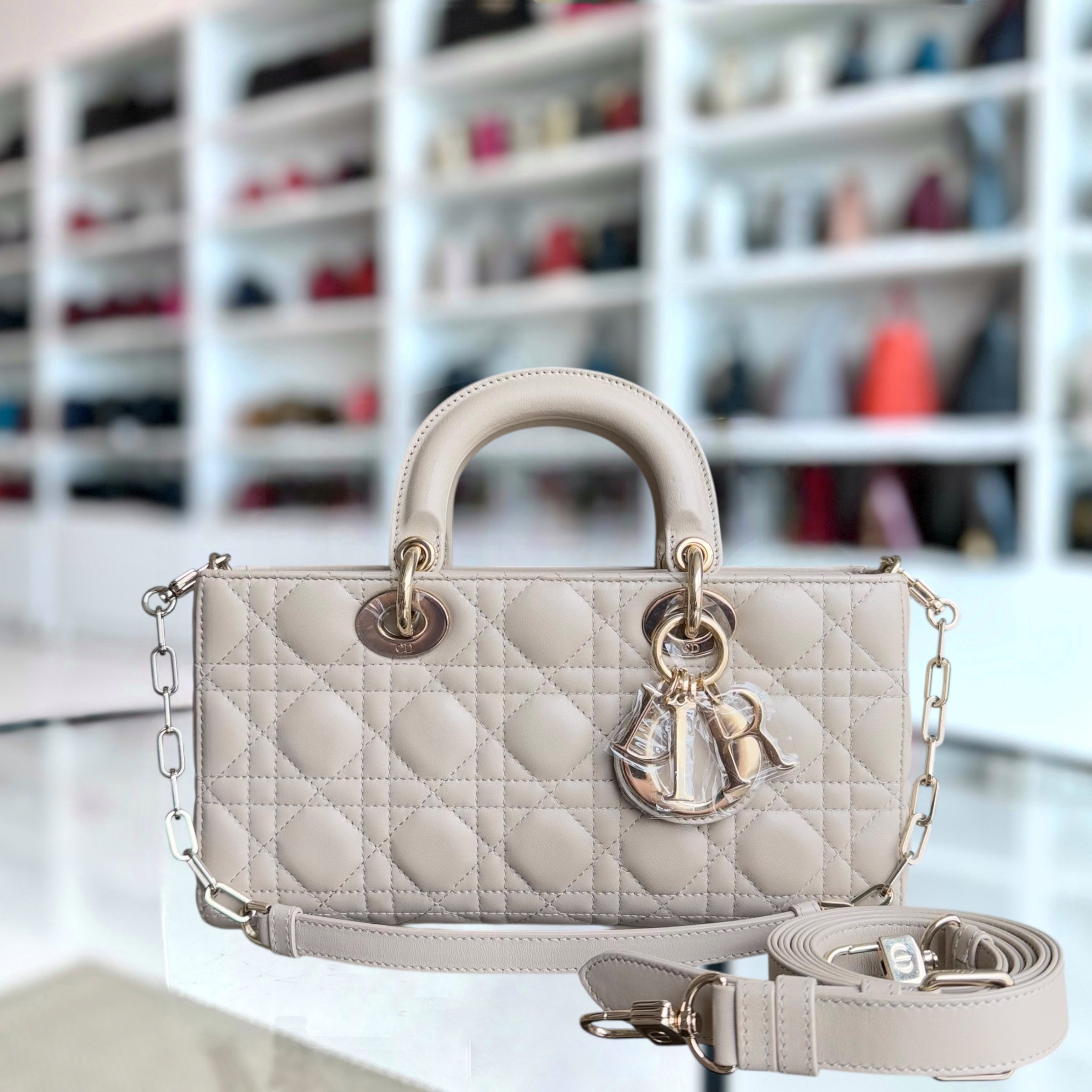 Dior D-Joy Medium - Cannage Lambskin Beige Gold Hardware