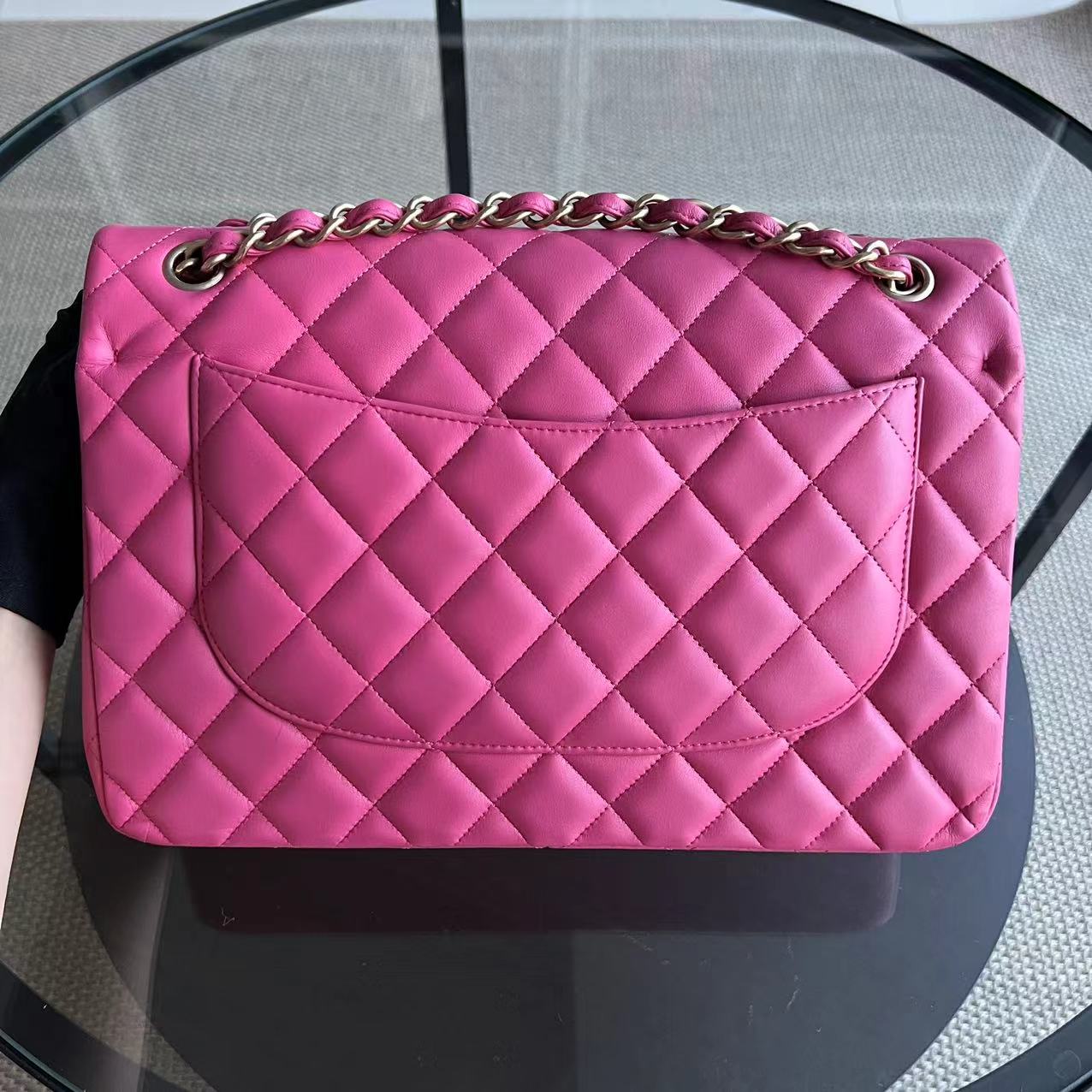 Jumbo Classic Flap Double Flap Quilted Lambskin Hot Pink Golden Hardware Series 17