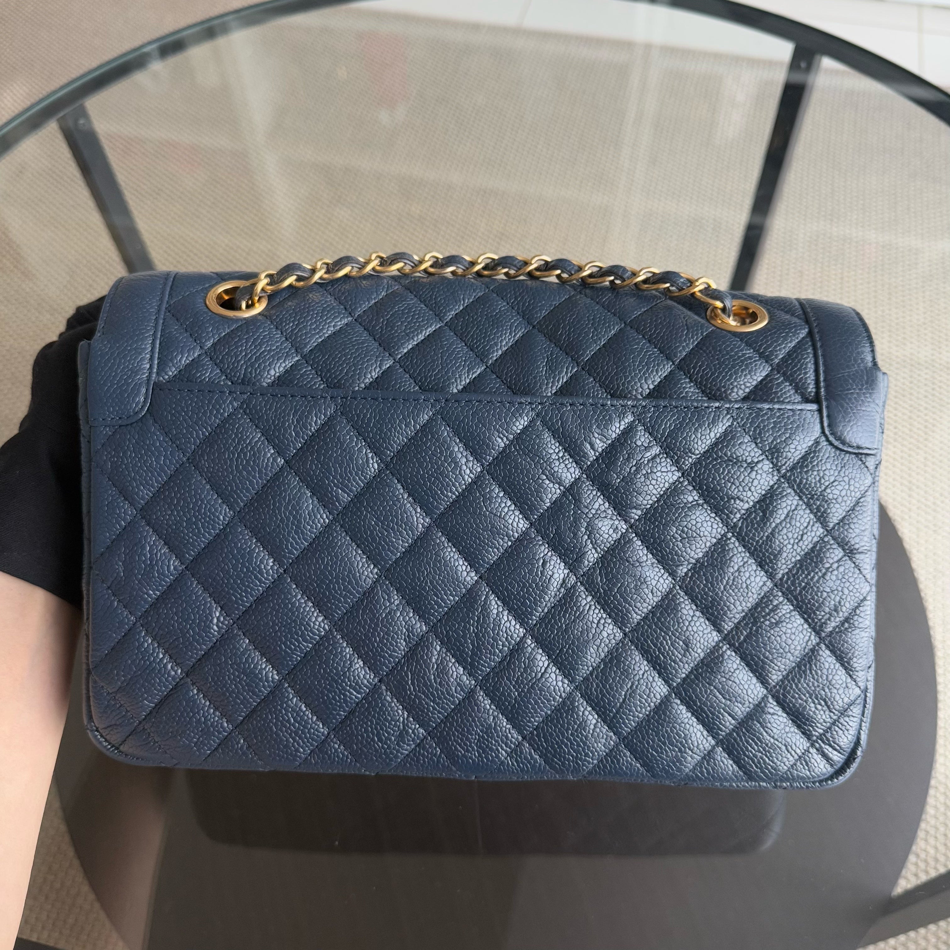 Chanel Two Tone Flap - Medium Crumpled Grained Calfskin Navy Blue Gold Series 21