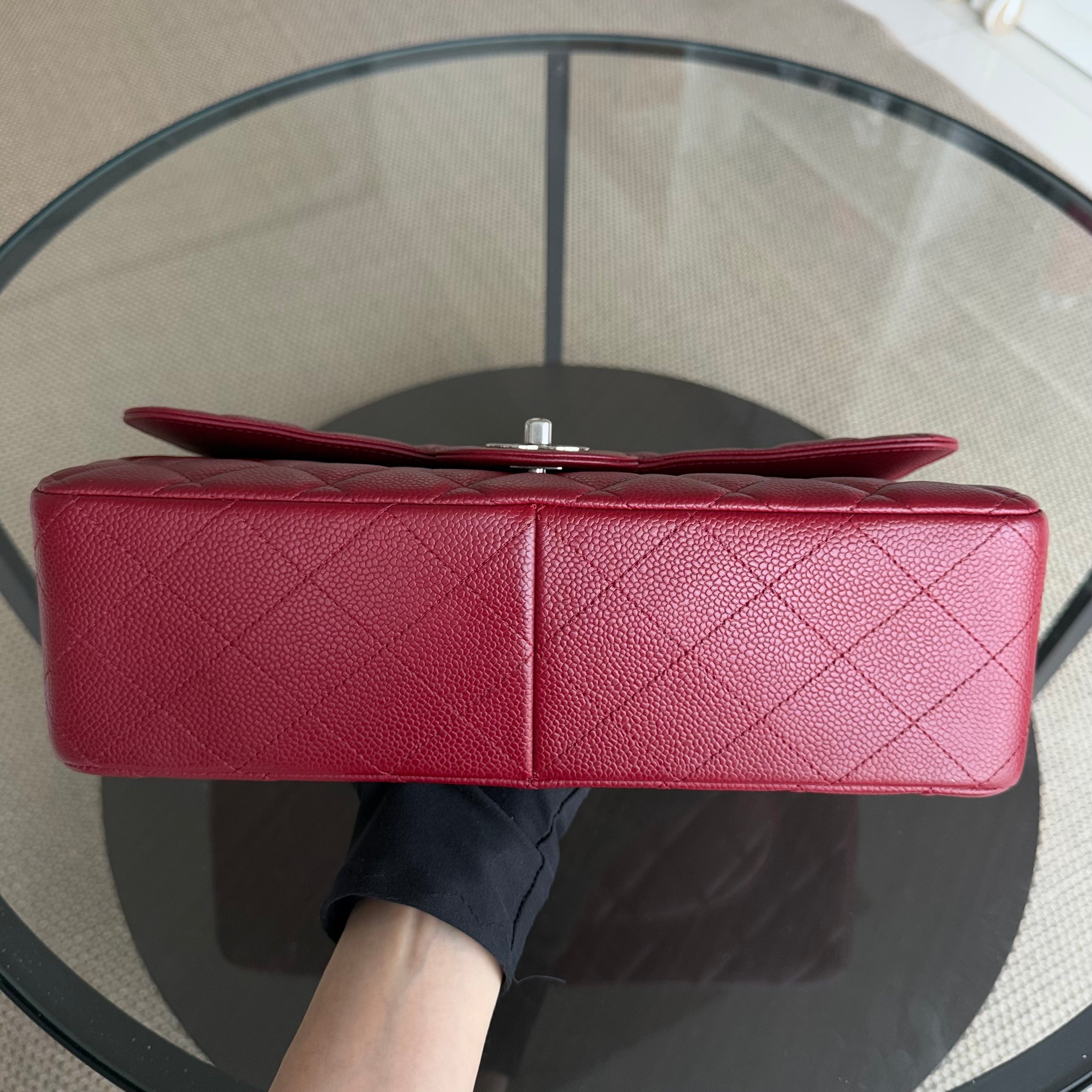 Chanel Classic Flap Jumbo - Caviar 30CM Single Flap Quilted Burgundy Dark Red Silver Hardware Series 13