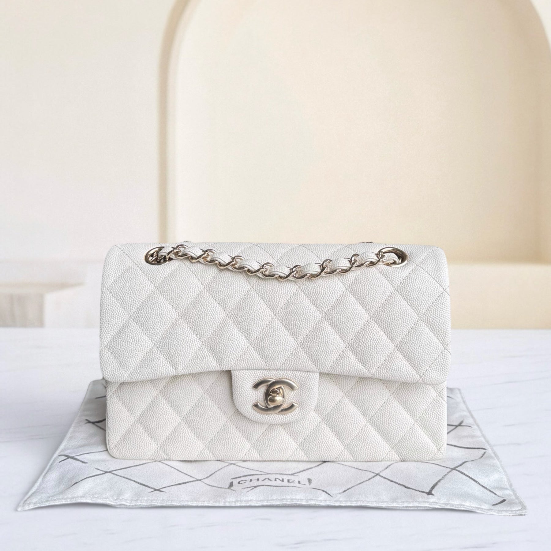 Chanel Classic Flap Small - Caviar 23CM Quilted Grained Calfskin White Light Gold Hardware Microchipped