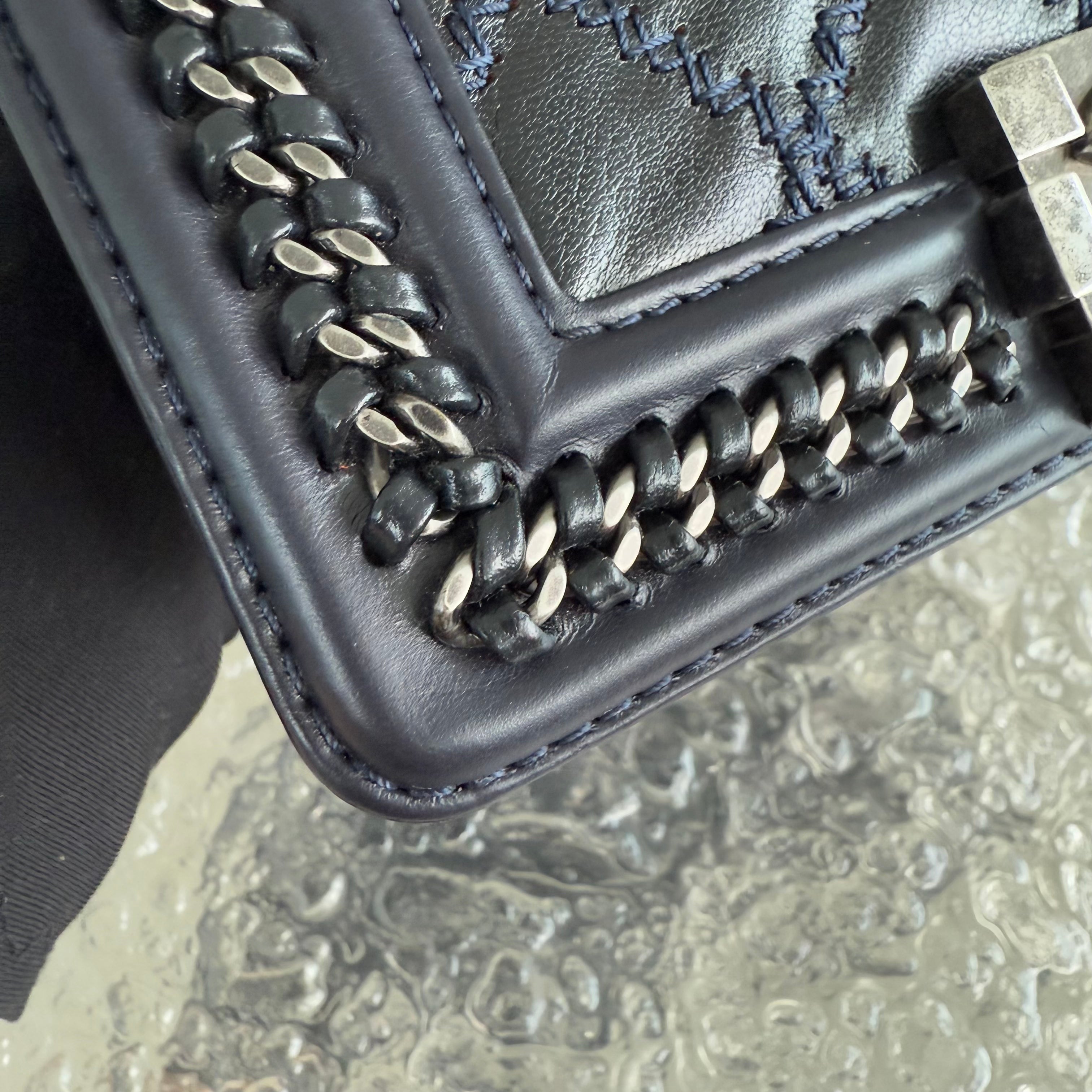 Chanel Boy Small Handle - 20CM Calfskin Chain Around Top Handle Limited Edition Dark Blue Ruthenium Silver Hardware Series 21