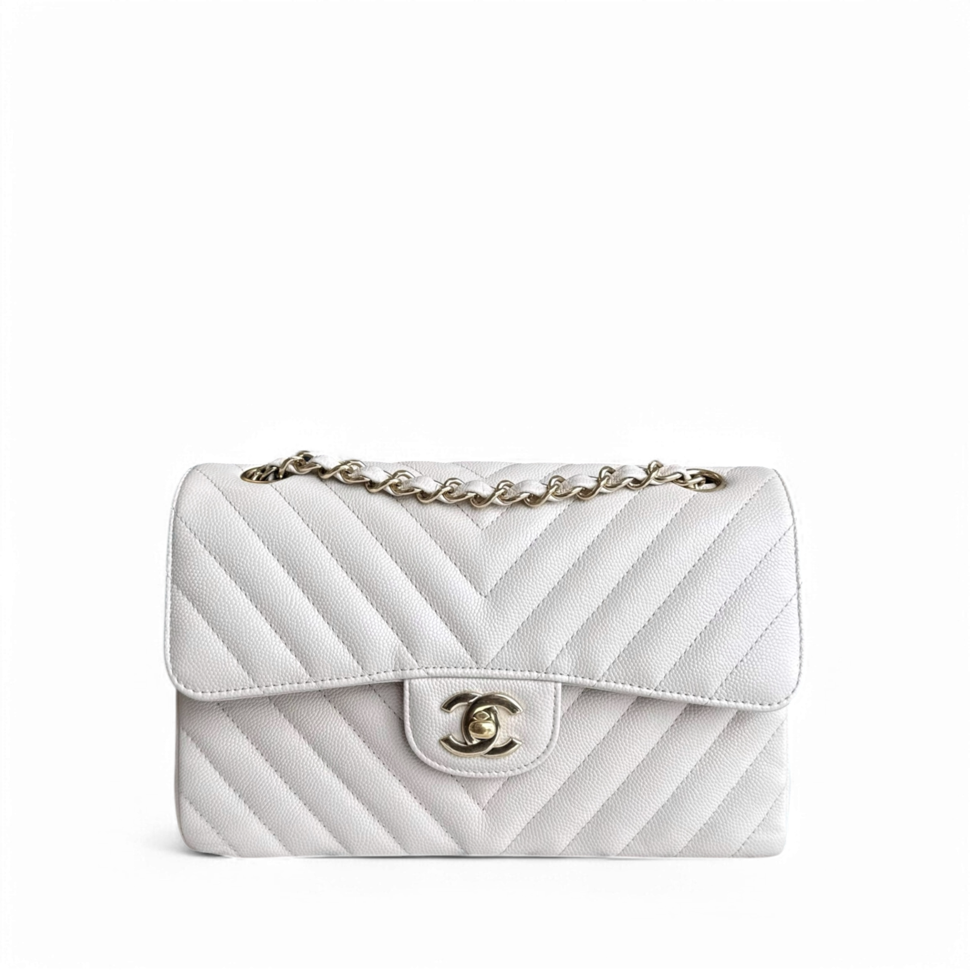 Chanel Classic Flap Small - Caviar 23CM Chevron Cream White Gold Hardware Series 26