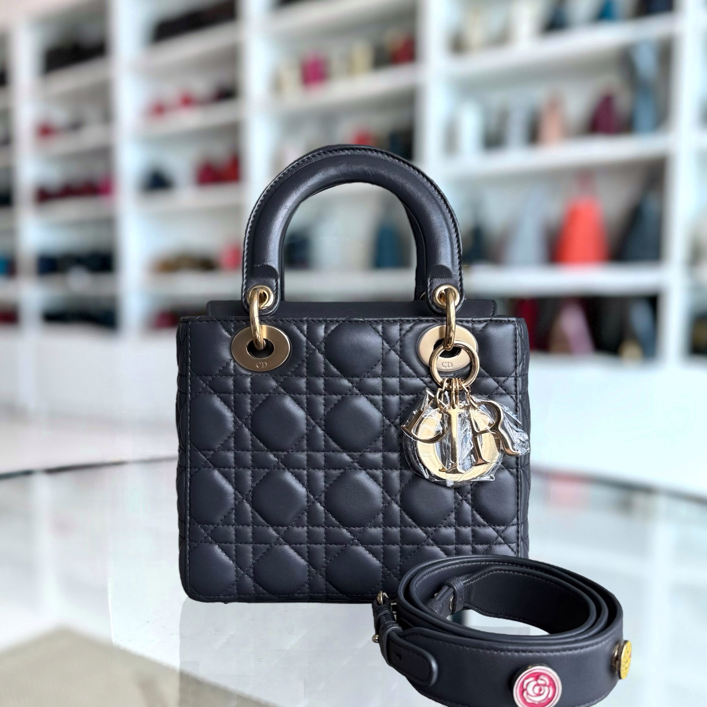Dior Lady Small - Cannage Lambskin Dark Grey Gray Charcoal Gold Hardware