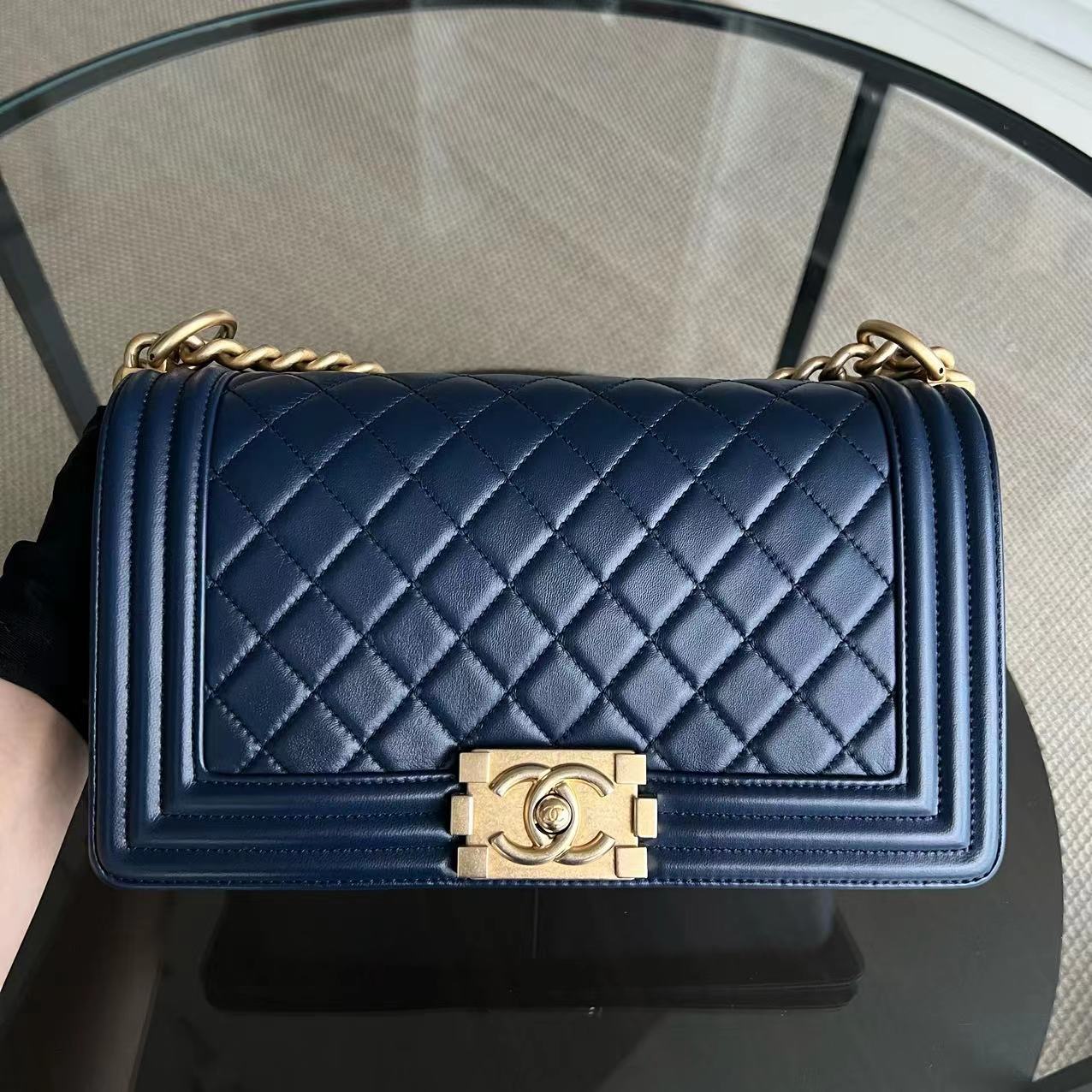 Chanel Boy Old Medium 25CM Quilted Lambskin Dark Blue Golden Hardware Series 24