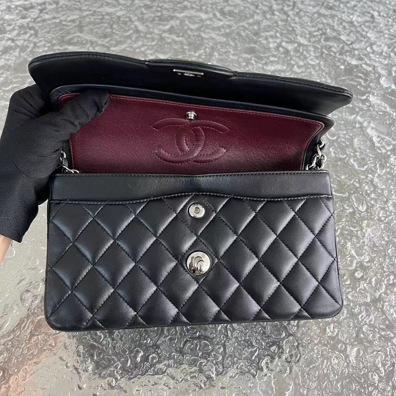 *2019 Receipt* Chanel Small Classic Flap Double Flap 23CM Quilted Lambskin Black Silver Hardware Series 27 - Luxury Evermore