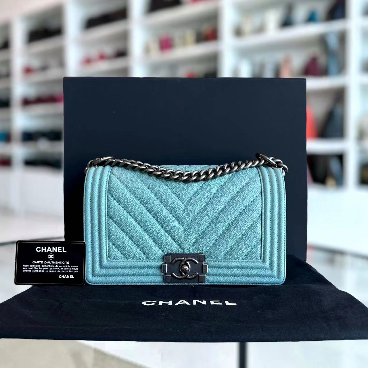 *2019, Series 29* Chanel Caviar Boy Old Medium 25CM Chevron Grained Calfskin Light Baby Blue No 29 - Luxury Evermore