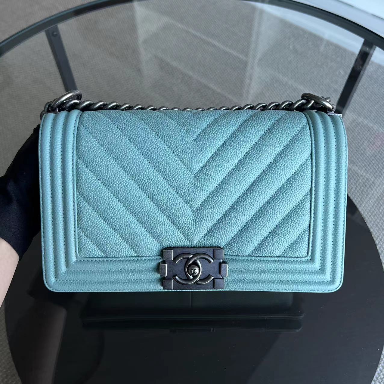 *2019, Series 29* Chanel Caviar Boy Old Medium 25CM Chevron Grained Calfskin Light Baby Blue No 29 - Luxury Evermore