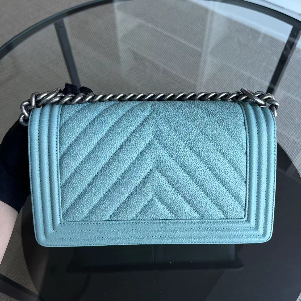 *2019, Series 29* Chanel Caviar Boy Old Medium 25CM Chevron Grained Calfskin Light Baby Blue No 29 - Luxury Evermore