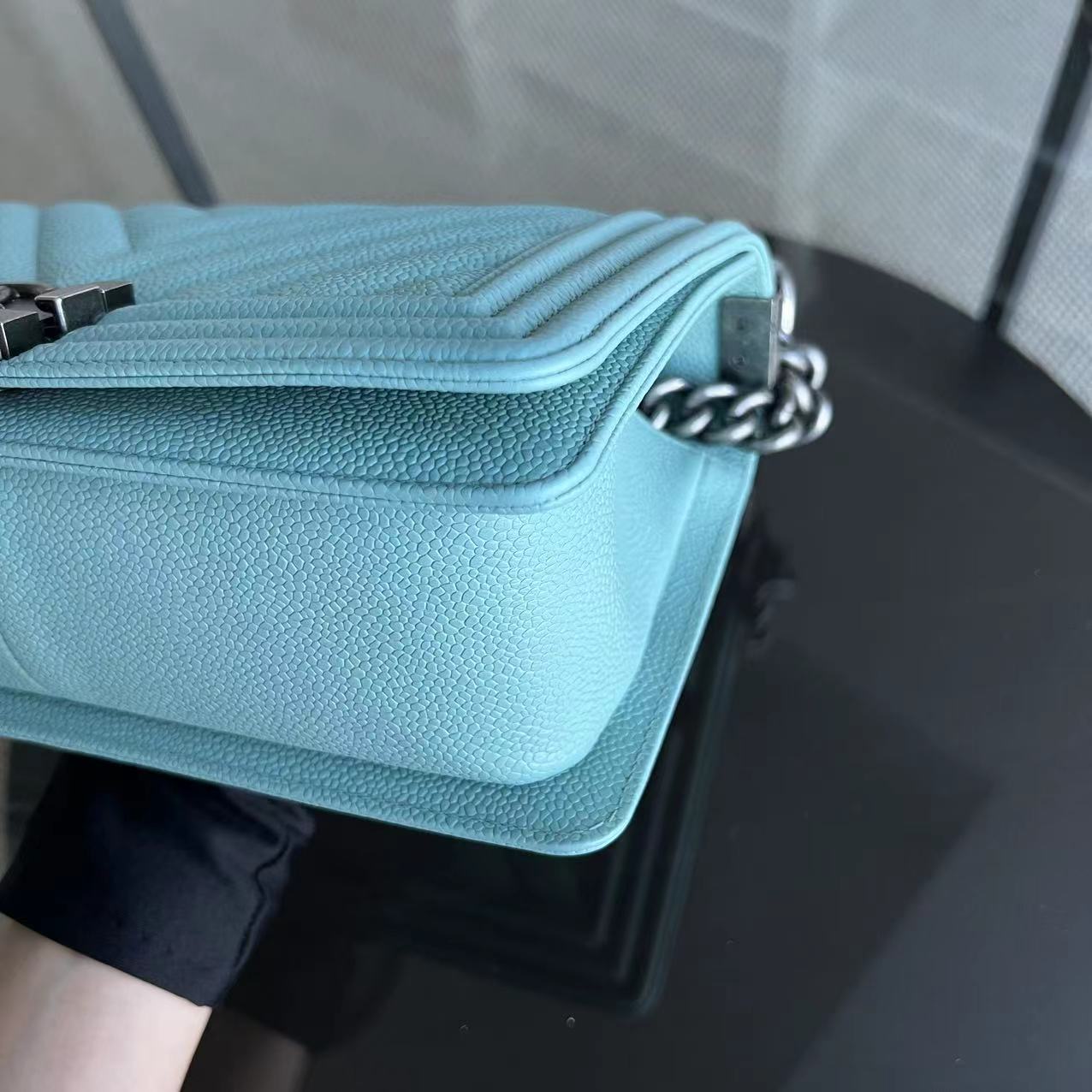 *2019, Series 29* Chanel Caviar Boy Old Medium 25CM Chevron Grained Calfskin Light Baby Blue No 29 - Luxury Evermore