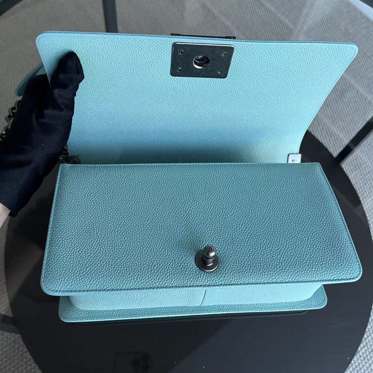 *2019, Series 29* Chanel Caviar Boy Old Medium 25CM Chevron Grained Calfskin Light Baby Blue No 29 - Luxury Evermore