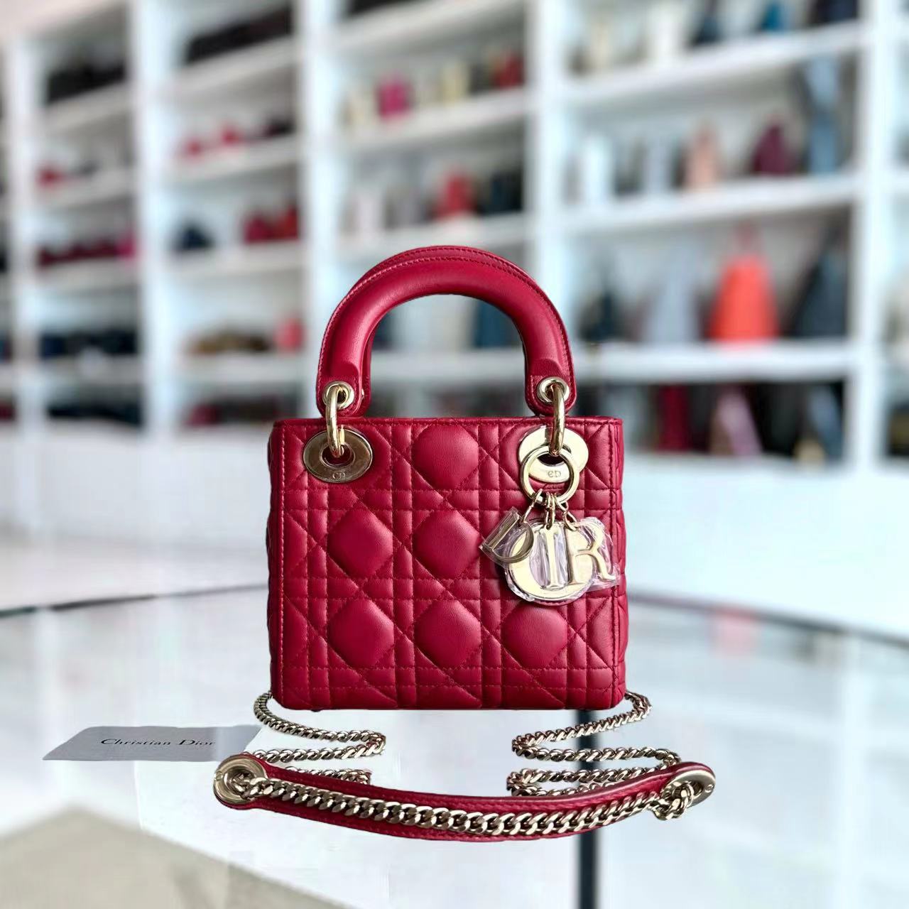 *2020, Chain strap* Dior Lady Mini Cannage Lambskin Burgundy Red Golden Hardware - Luxury Evermore