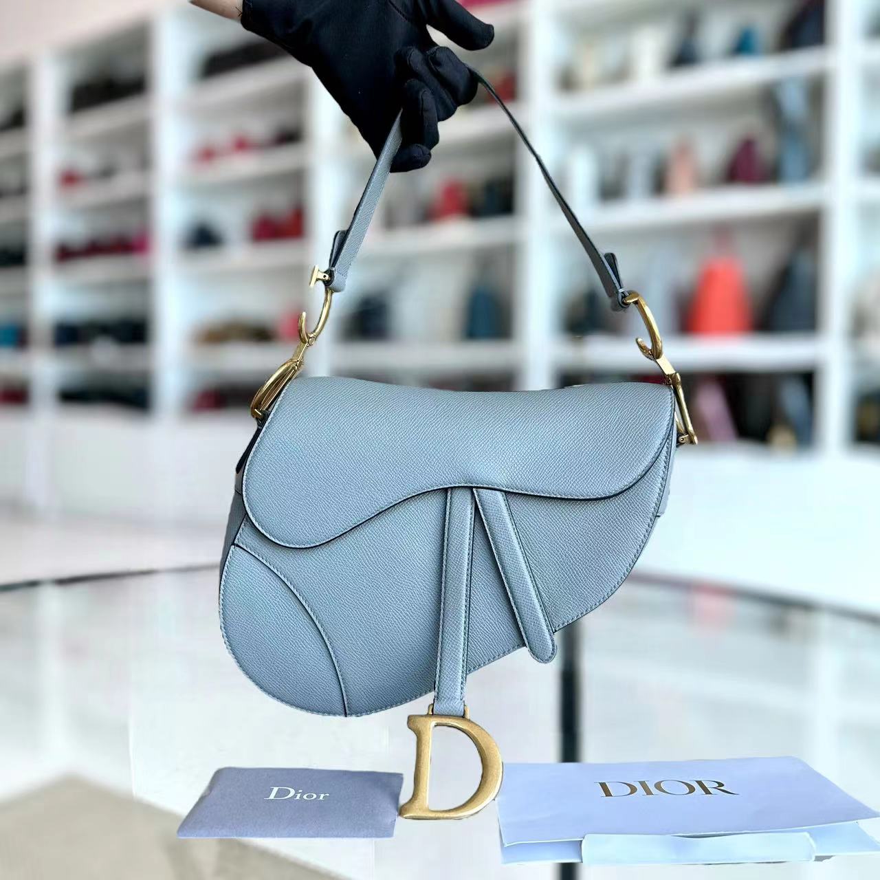 *2022 Receipt, Full Set* Dior Saddle Medium 25CM Grained Calfskin Haze Blue GHW - Luxury Evermore