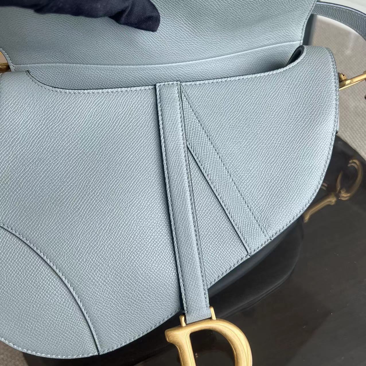 *2022 Receipt, Full Set* Dior Saddle Medium 25CM Grained Calfskin Haze Blue GHW - Luxury Evermore