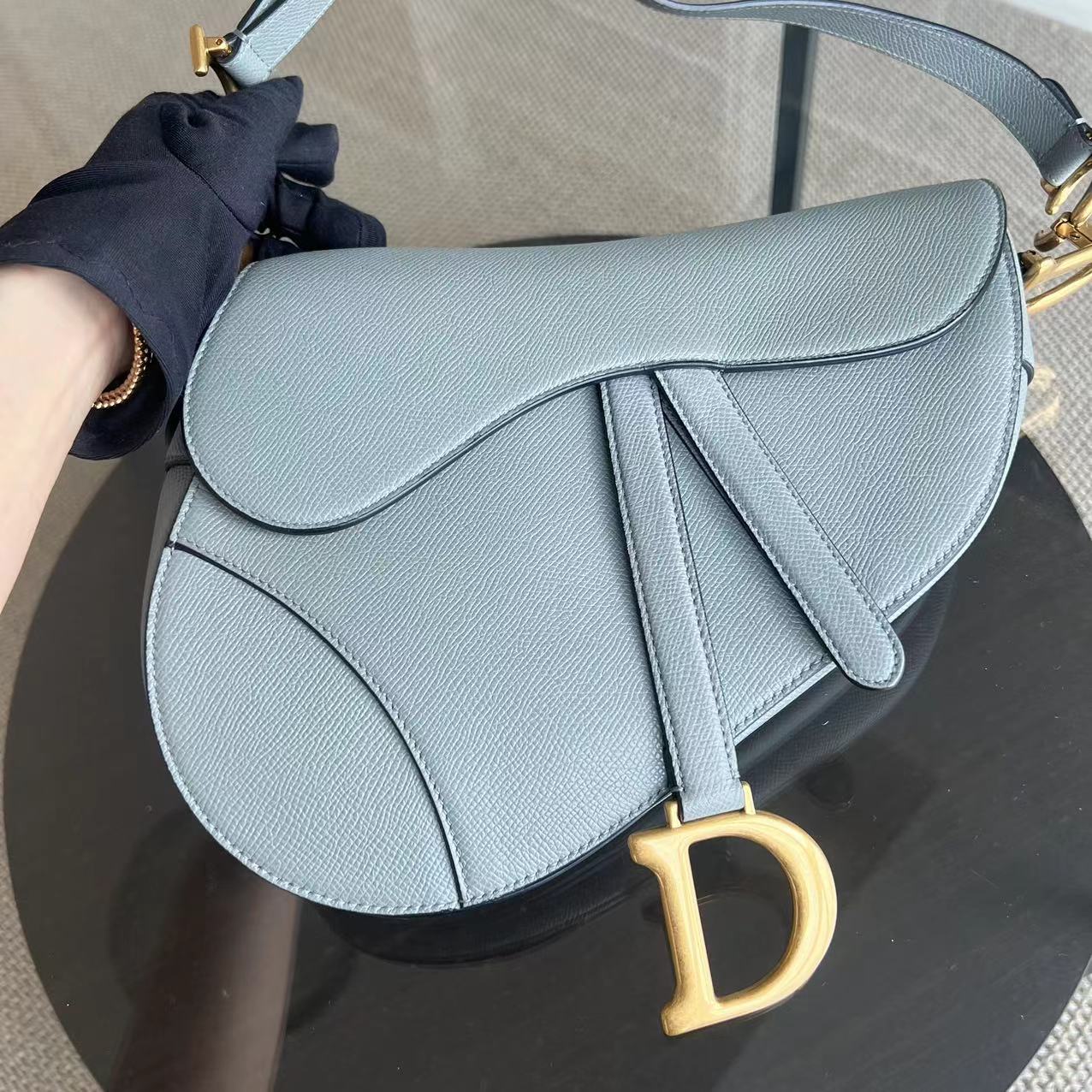 *2022 Receipt, Full Set* Dior Saddle Medium 25CM Grained Calfskin Haze Blue GHW - Luxury Evermore