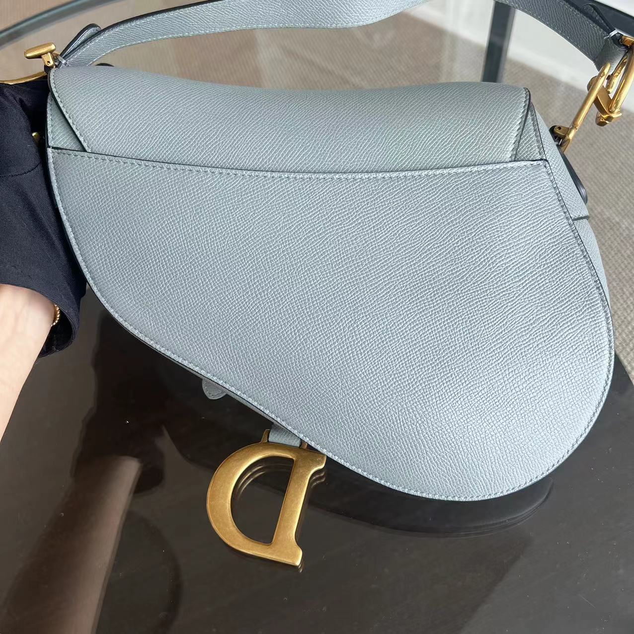 *2022 Receipt, Full Set* Dior Saddle Medium 25CM Grained Calfskin Haze Blue GHW - Luxury Evermore