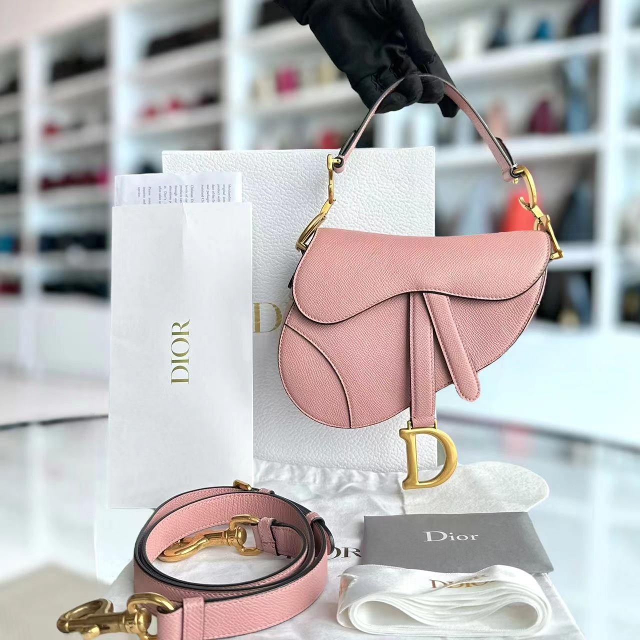 *2022 Strap Version Full Set Receipt* Dior Saddle Small 20CM Grained Calfskin Light Pink GHW - Luxury Evermore