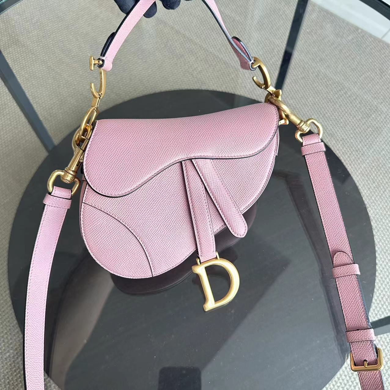 *2022 Strap Version Full Set Receipt* Dior Saddle Small 20CM Grained Calfskin Light Pink GHW - Luxury Evermore