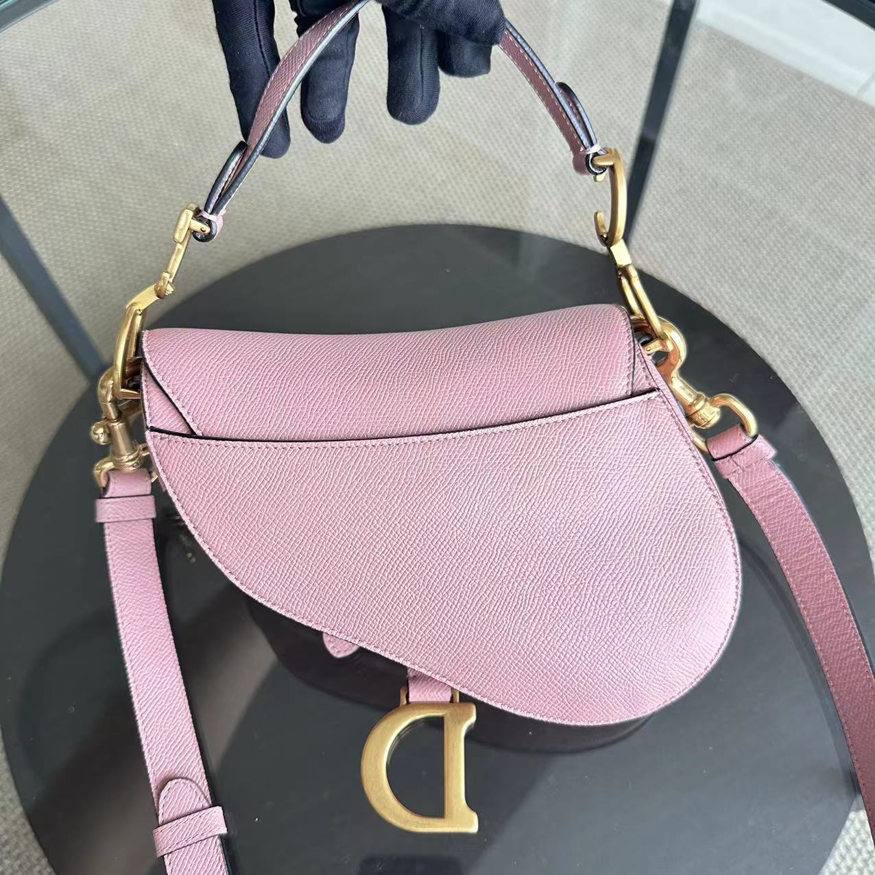 *2022 Strap Version Full Set Receipt* Dior Saddle Small 20CM Grained Calfskin Light Pink GHW - Luxury Evermore