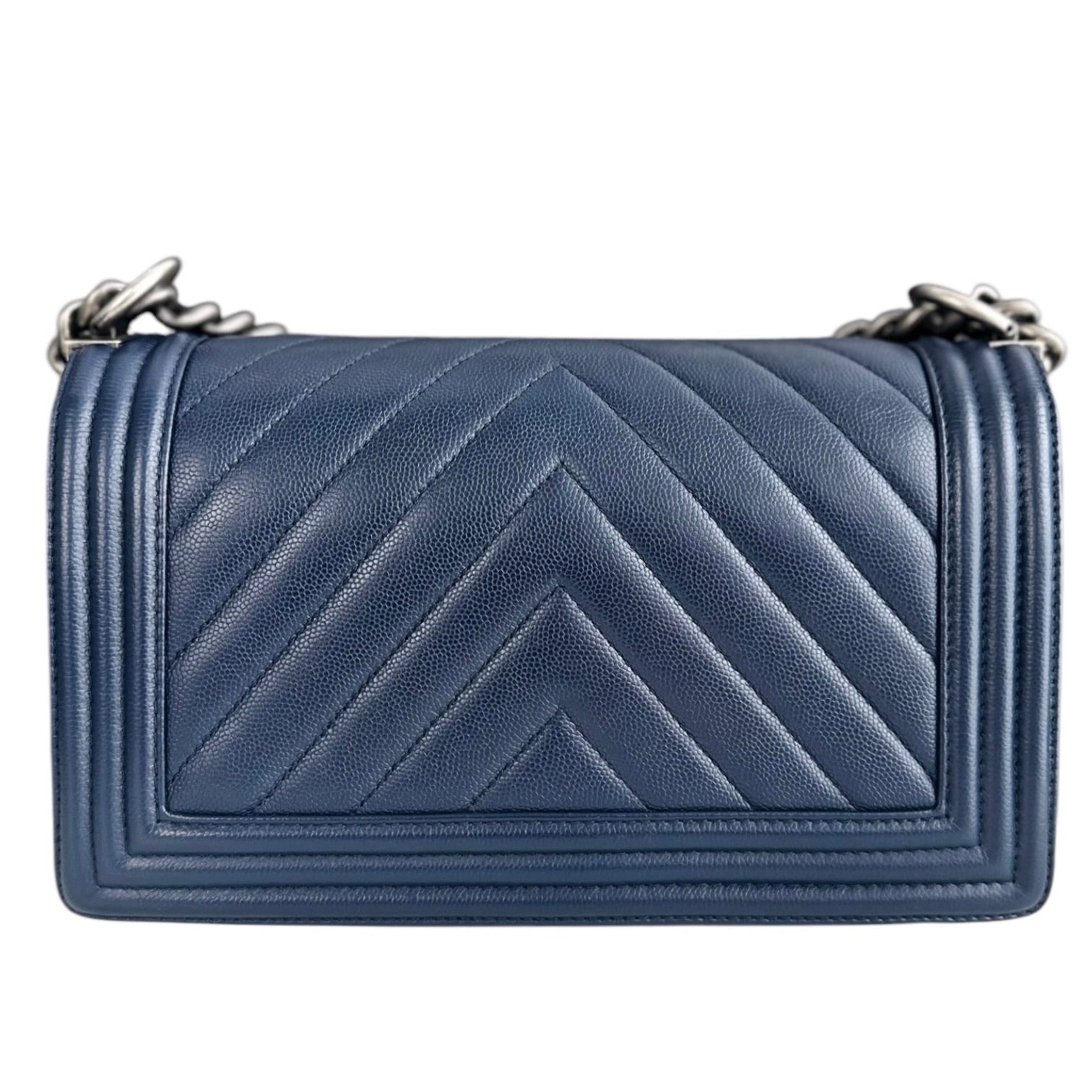 Chanel Boy Medium - Caviar Chevron Dark Blue Ruthenium Silver Hardware Series 24