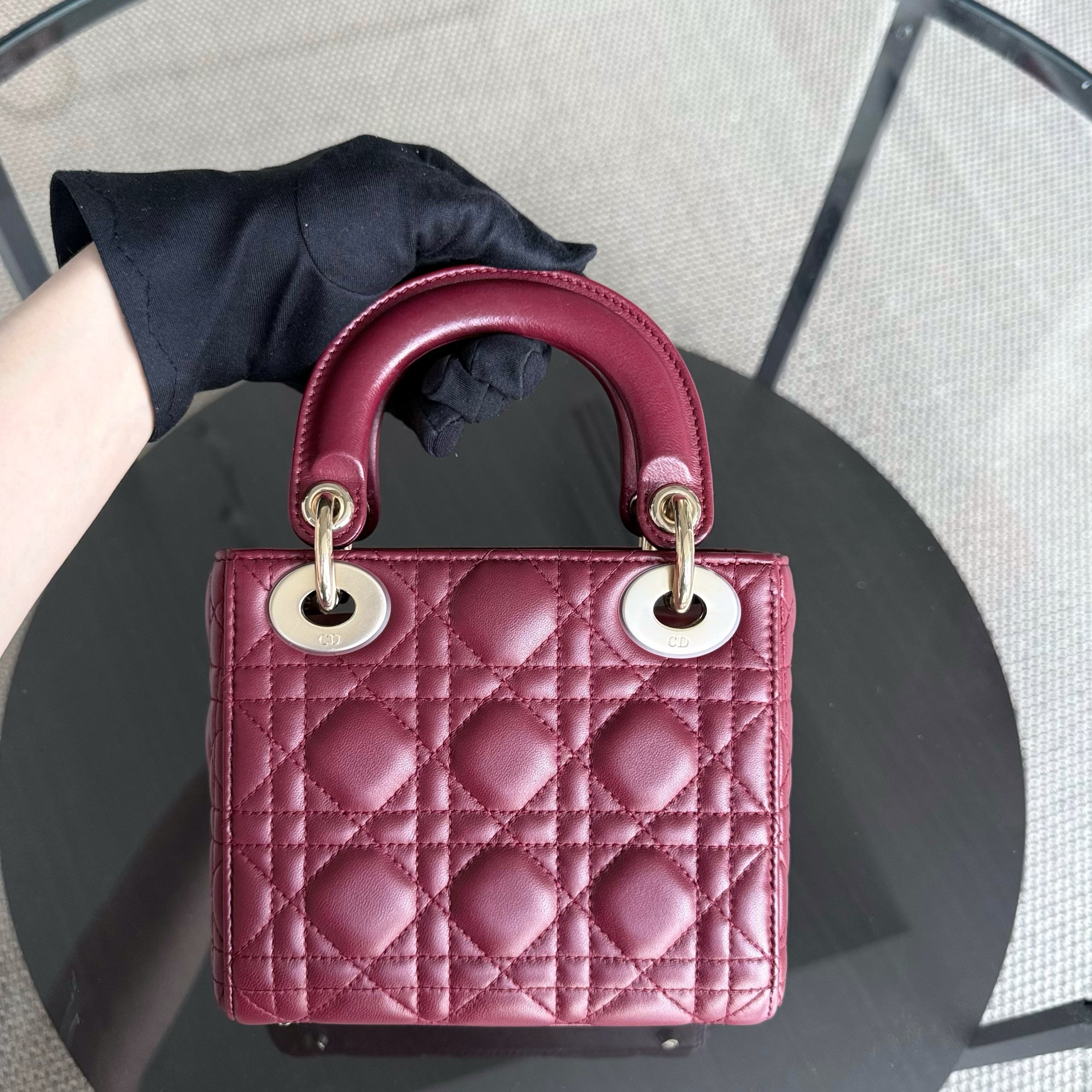 Dior Lady Mini - Cannage Lambskin Burgundy Gold Hardware