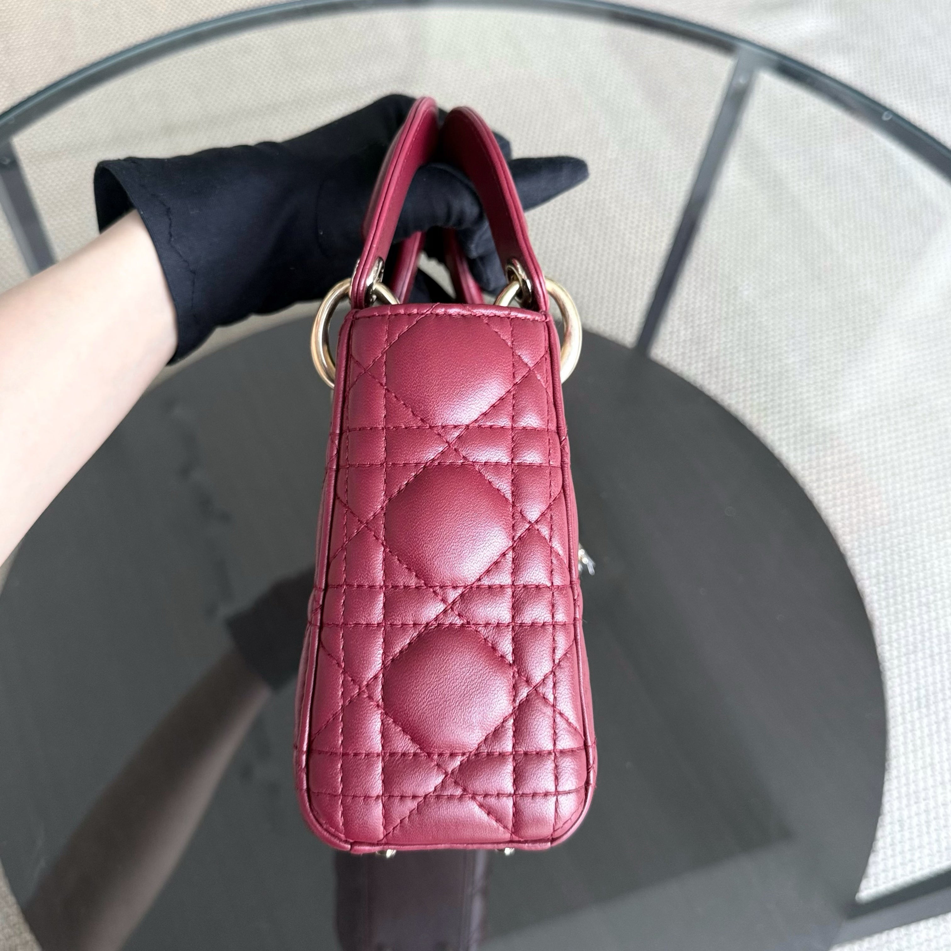 Dior Lady Mini - Cannage Lambskin Burgundy Gold Hardware