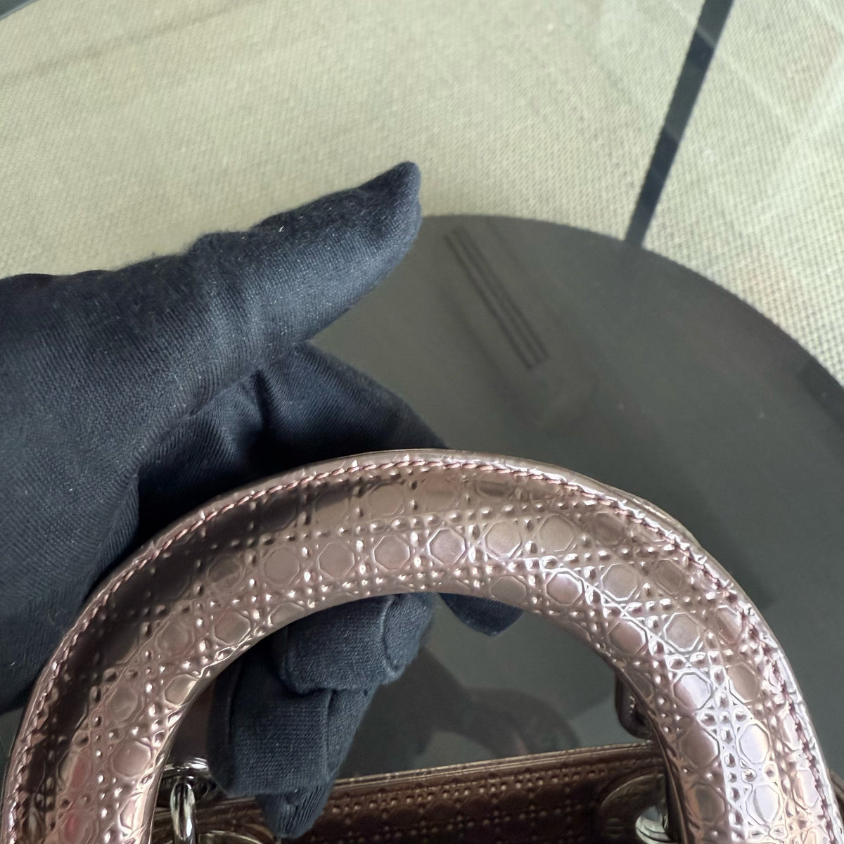 Dior Lady Mini - Calfskin Micro-Cannage Metallic Rose Gold Silver Hardware Chain Strap