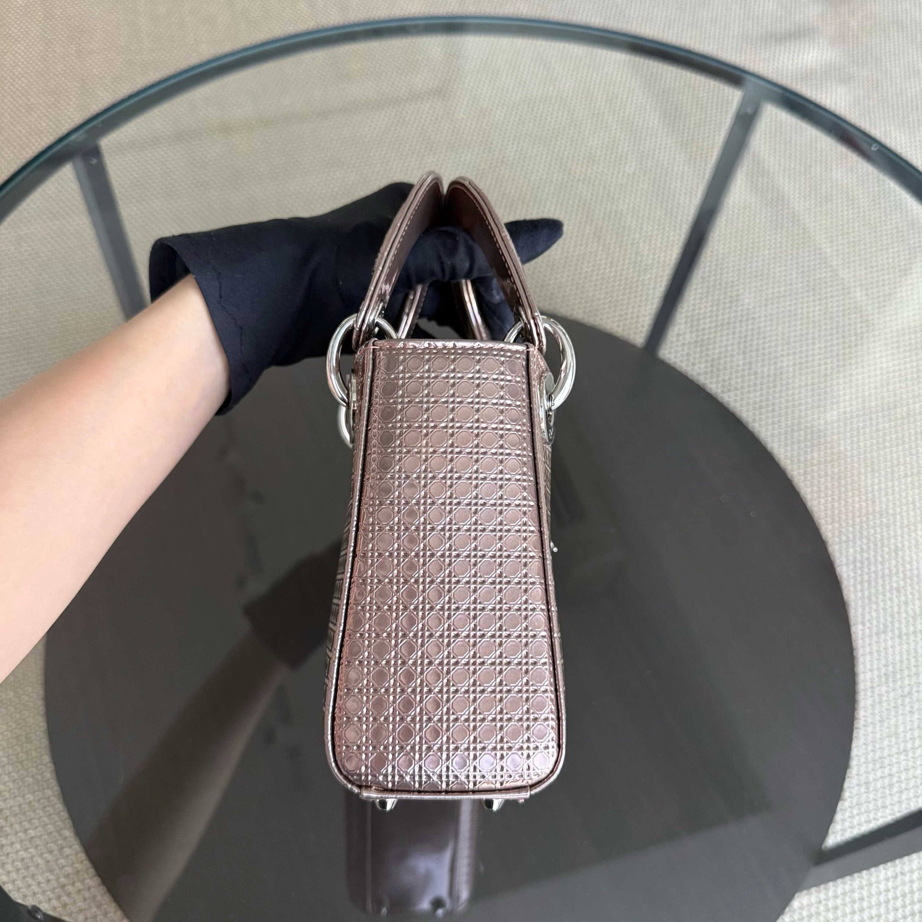 Dior Lady Mini - Calfskin Micro-Cannage Metallic Rose Gold Silver Hardware Chain Strap