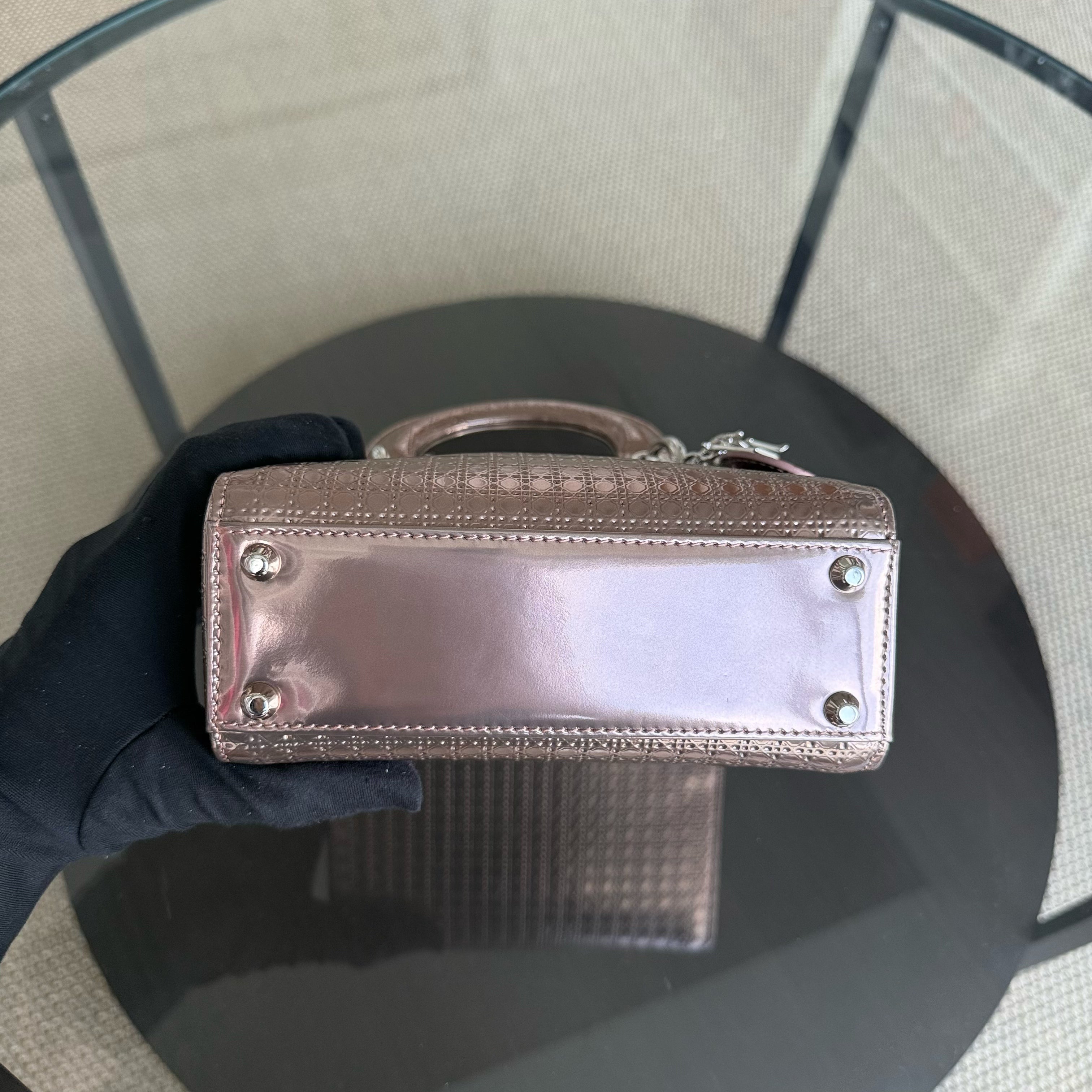 Dior Lady Mini - Calfskin Micro-Cannage Metallic Rose Gold Silver Hardware Chain Strap