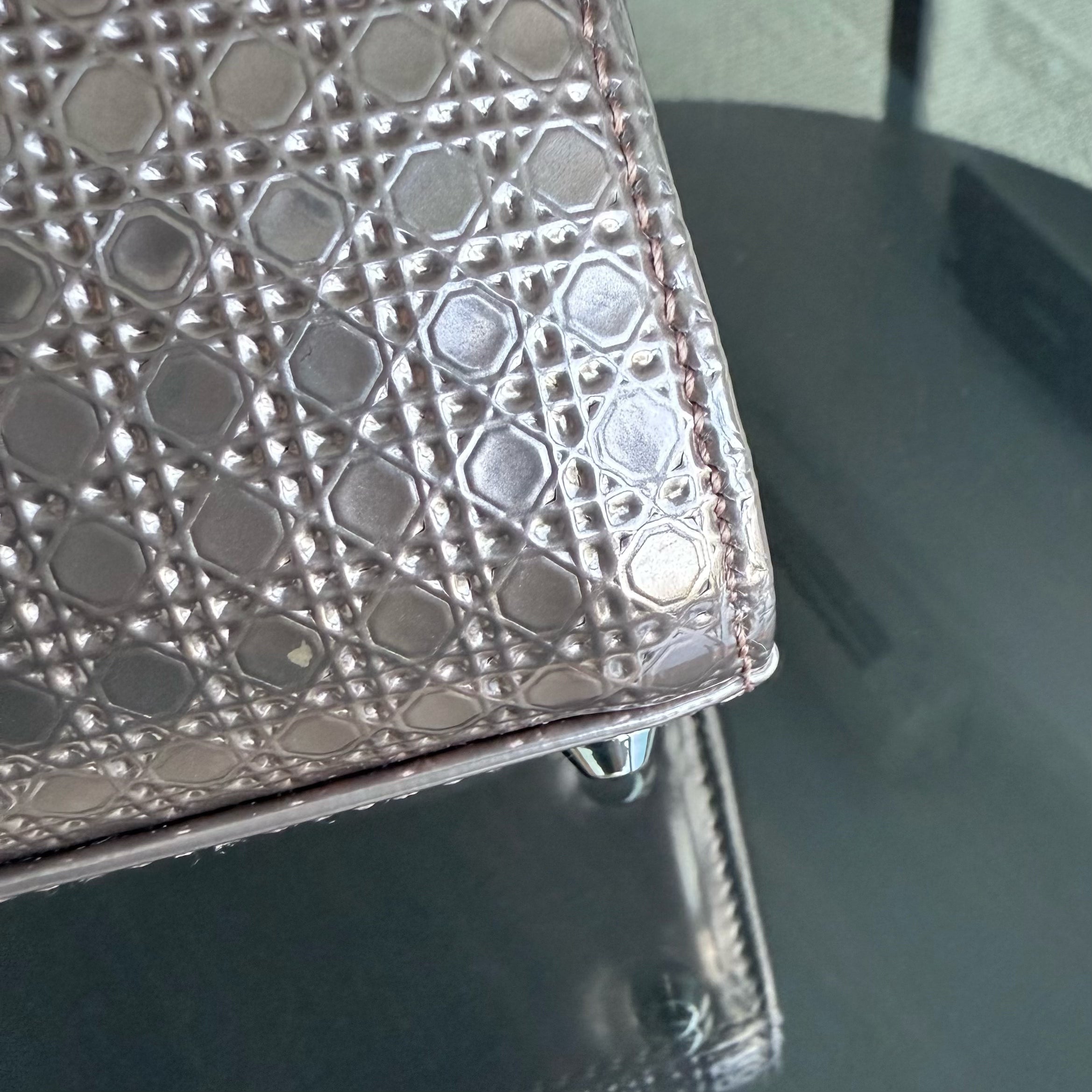 Dior Lady Mini - Calfskin Micro-Cannage Metallic Rose Gold Silver Hardware Chain Strap