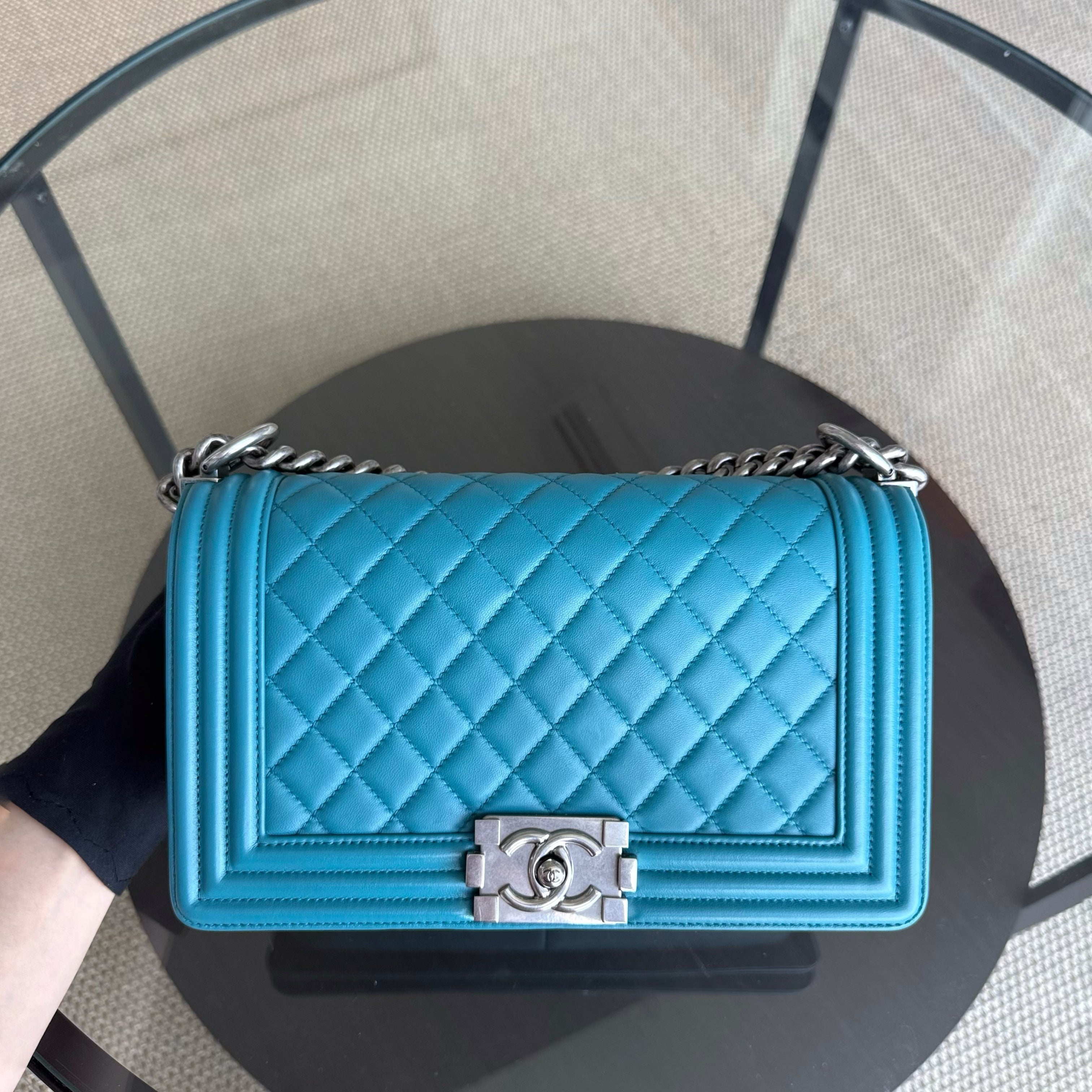 Chanel Boy Medium - 25CM Quilted Lambskin Blue Ruthenium Silver Hardware Series 19