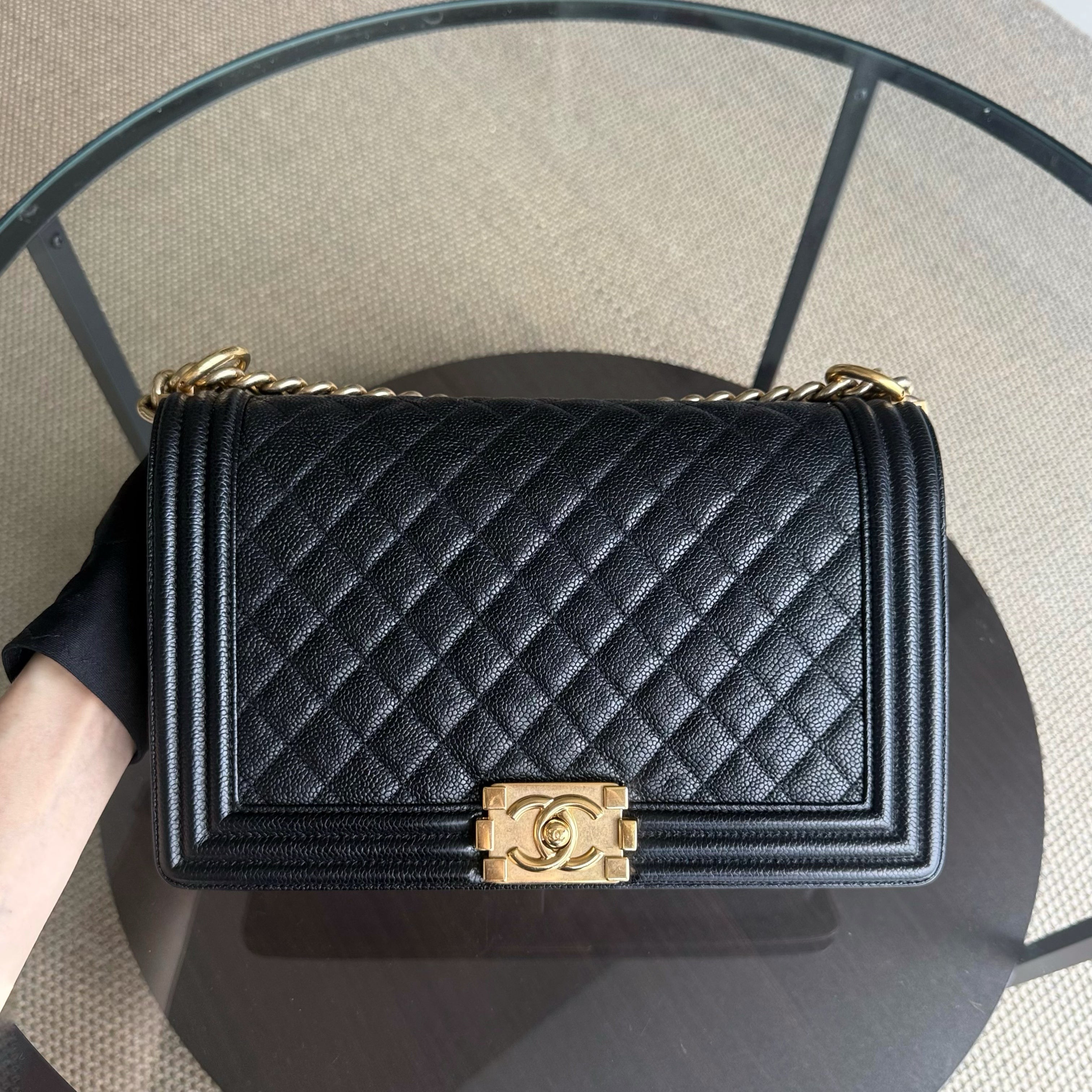 Chanel Boy New Medium - Caviar 28CM Quilted Grained Calfskin Black Gold Hardware Series 23