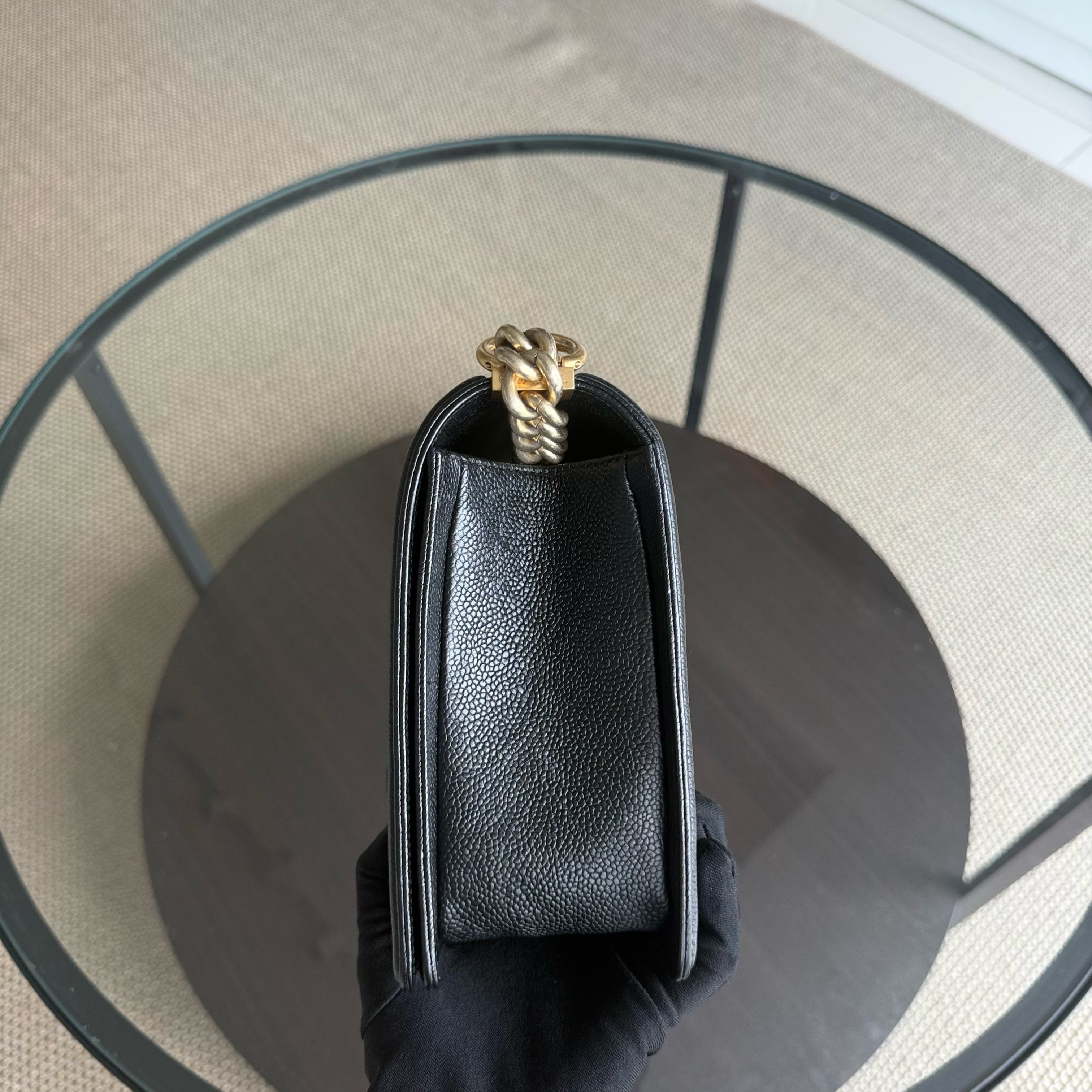 Chanel Boy New Medium - Caviar 28CM Quilted Grained Calfskin Black Gold Hardware Series 23