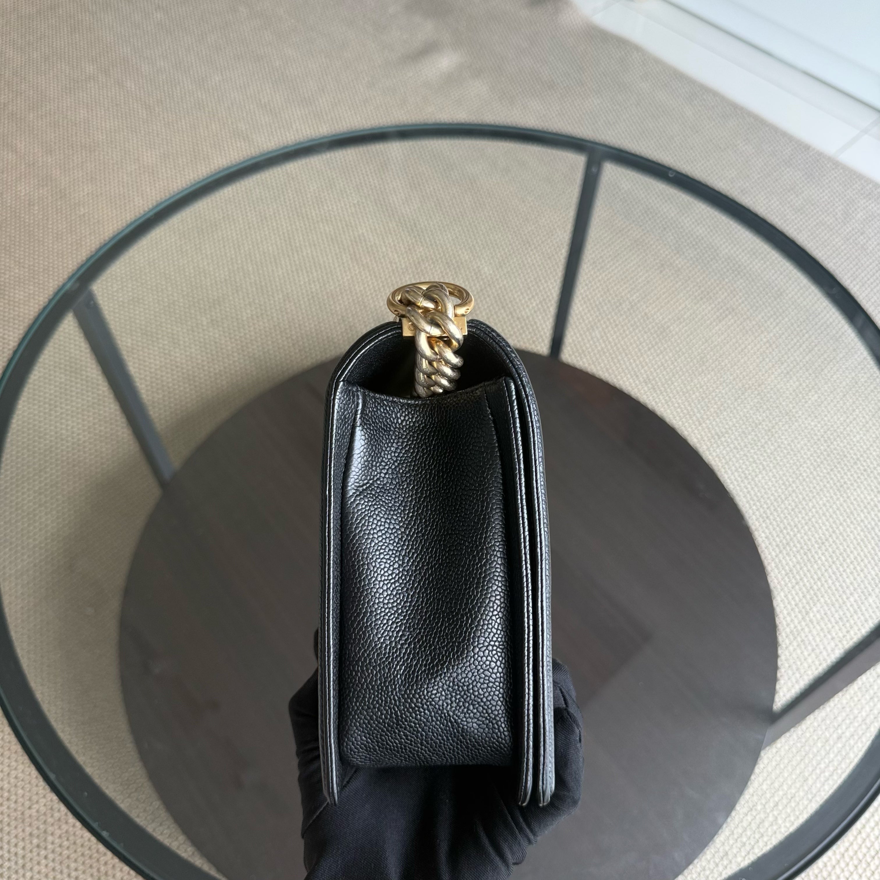 Chanel Boy New Medium - Caviar 28CM Quilted Grained Calfskin Black Gold Hardware Series 23