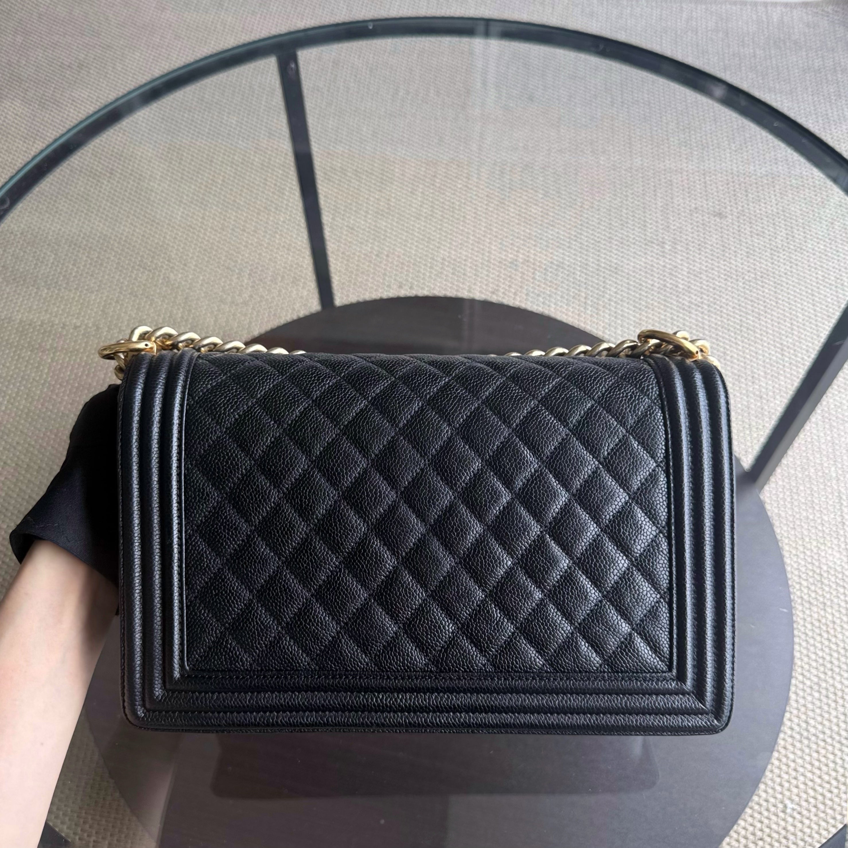 Chanel Boy New Medium - Caviar 28CM Quilted Grained Calfskin Black Gold Hardware Series 23