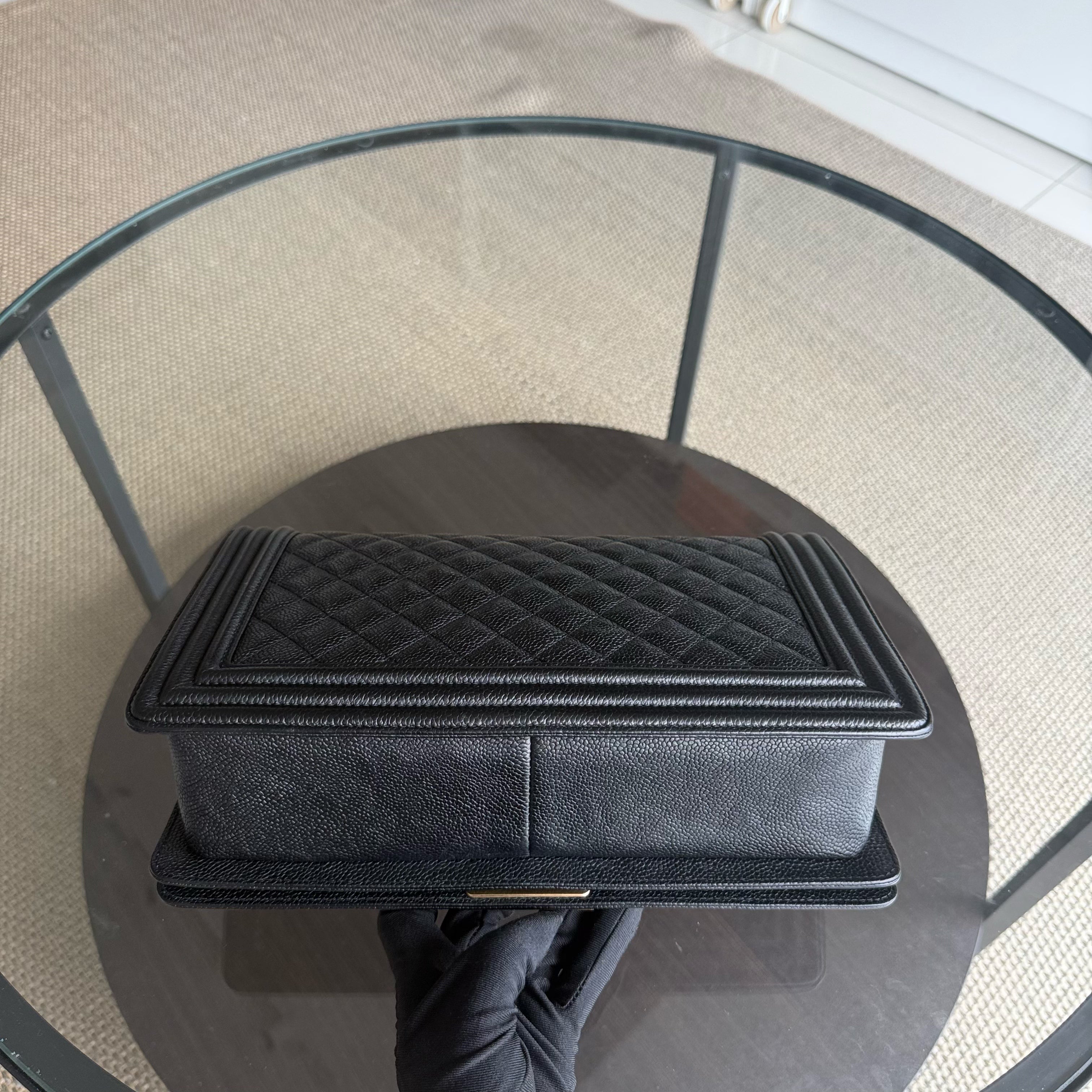 Chanel Boy New Medium - Caviar 28CM Quilted Grained Calfskin Black Gold Hardware Series 23