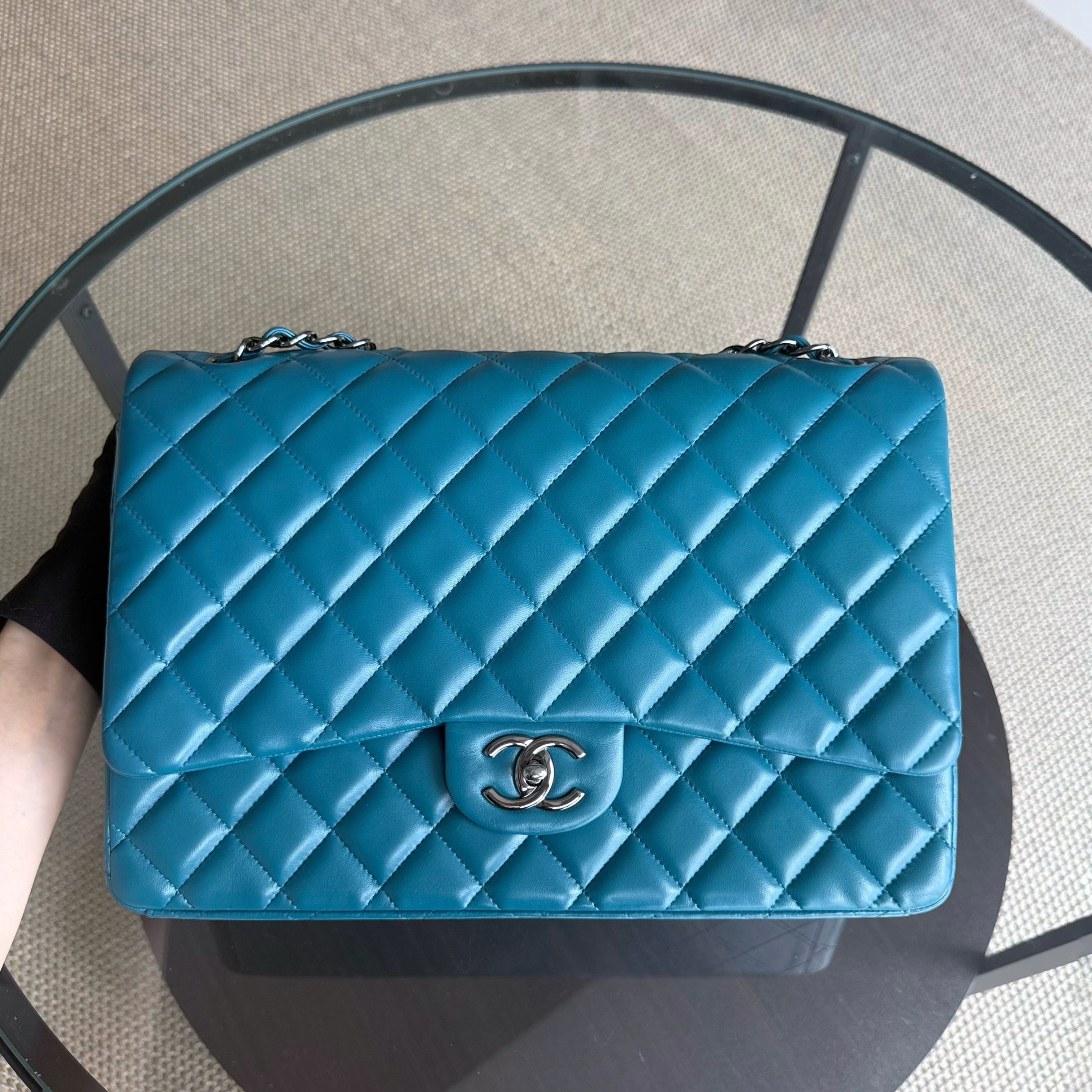 Chanel Classic Flap Maxi - Double Flap 33CM Quilted Lambskin Blue Silver Hardware Series 15