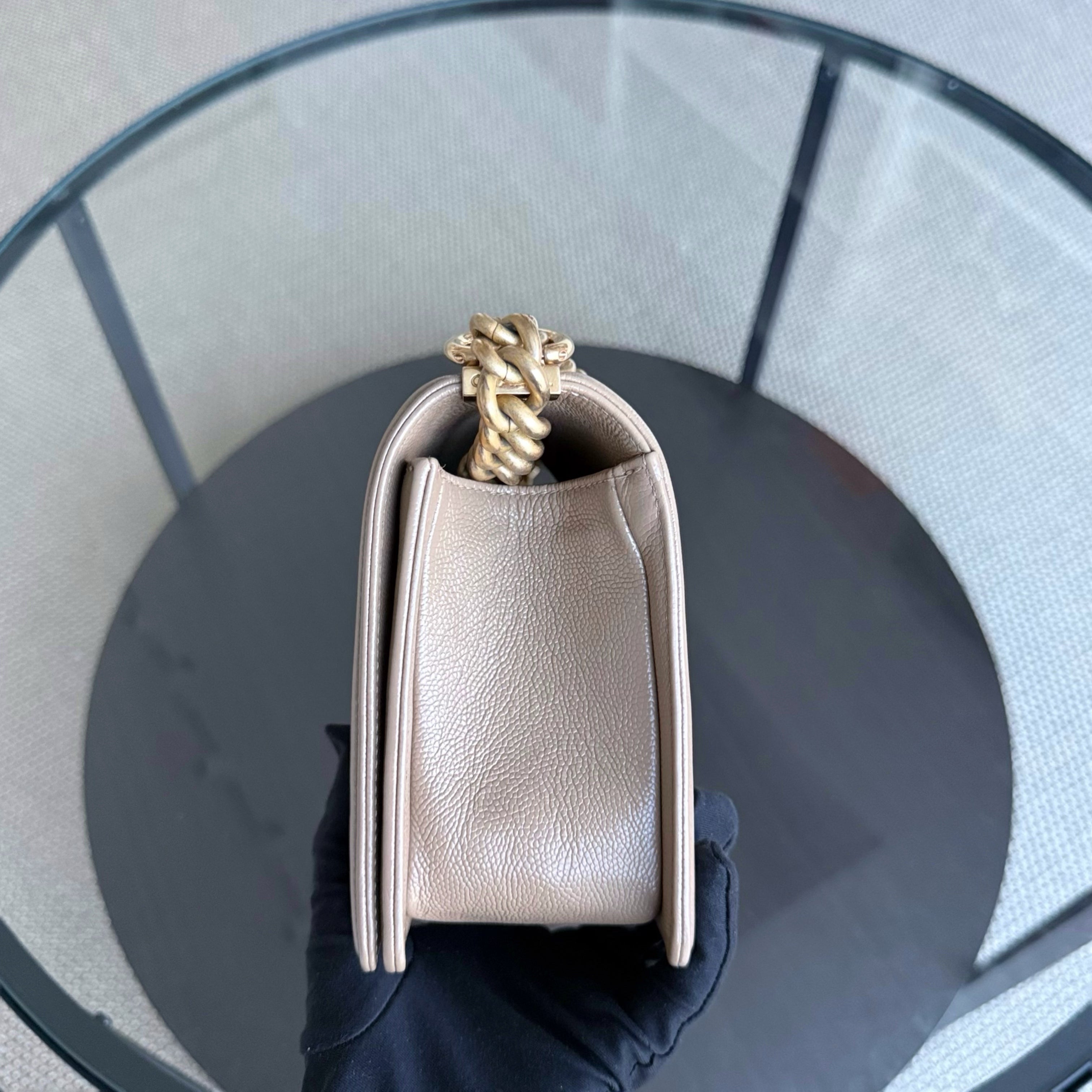 Chanel Boy Medium - Caviar 25CM Chevron Grained Calfskin Beige Gold Hardware Series 25