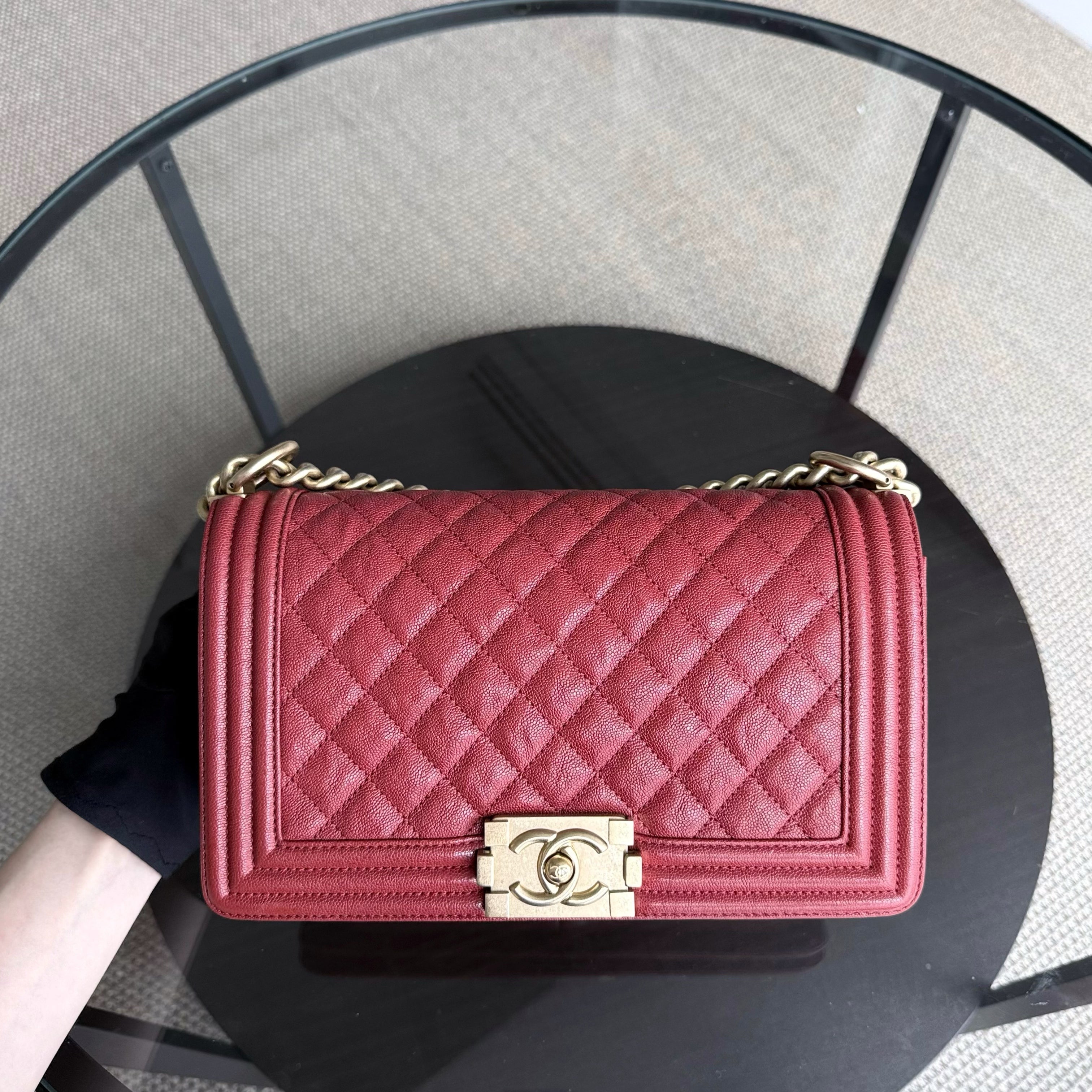 Chanel Boy Medium - Caviar 25CM Quilted Grained Calfskin Red Gold Hardware Series 26