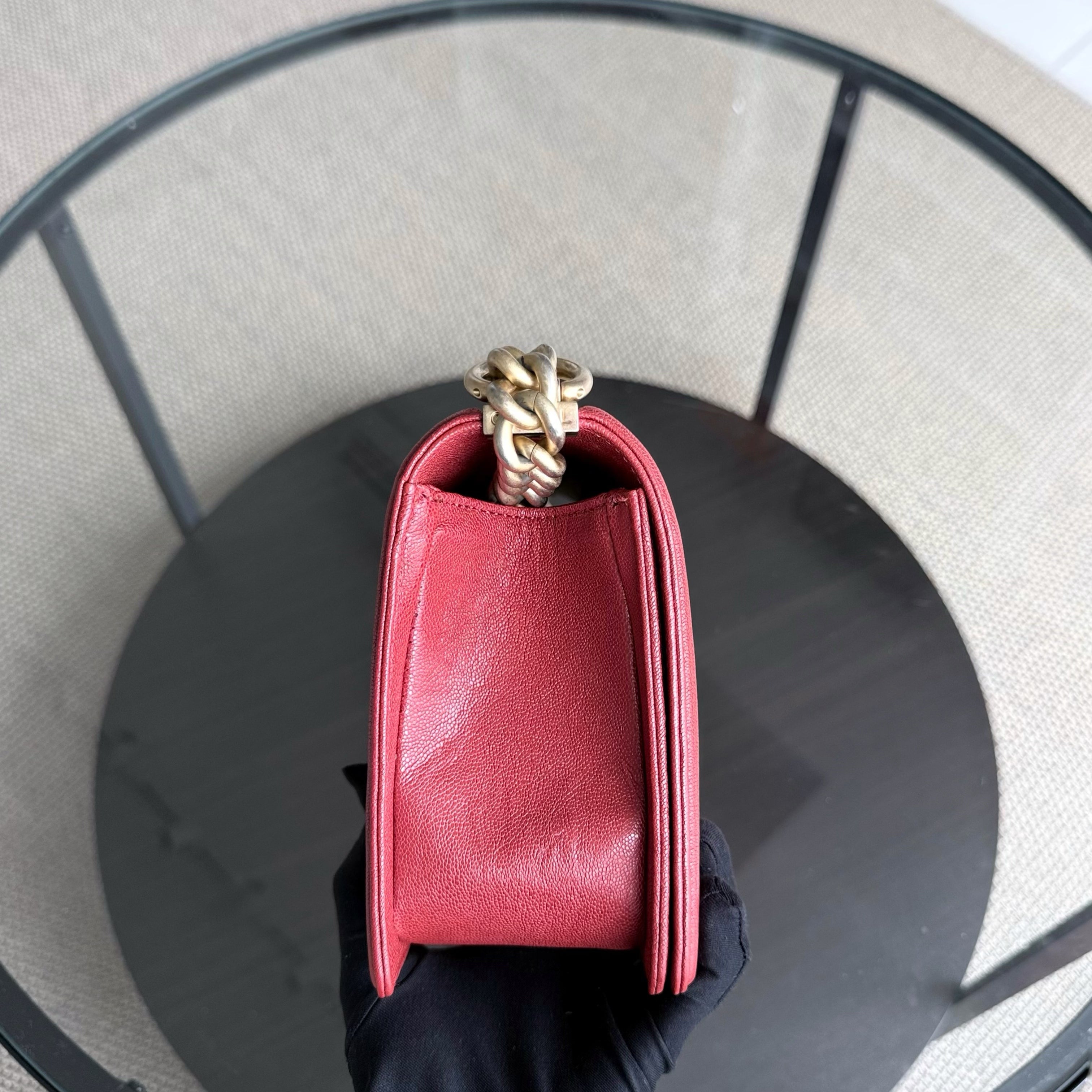 Chanel Boy Medium - Caviar 25CM Quilted Grained Calfskin Red Gold Hardware Series 26